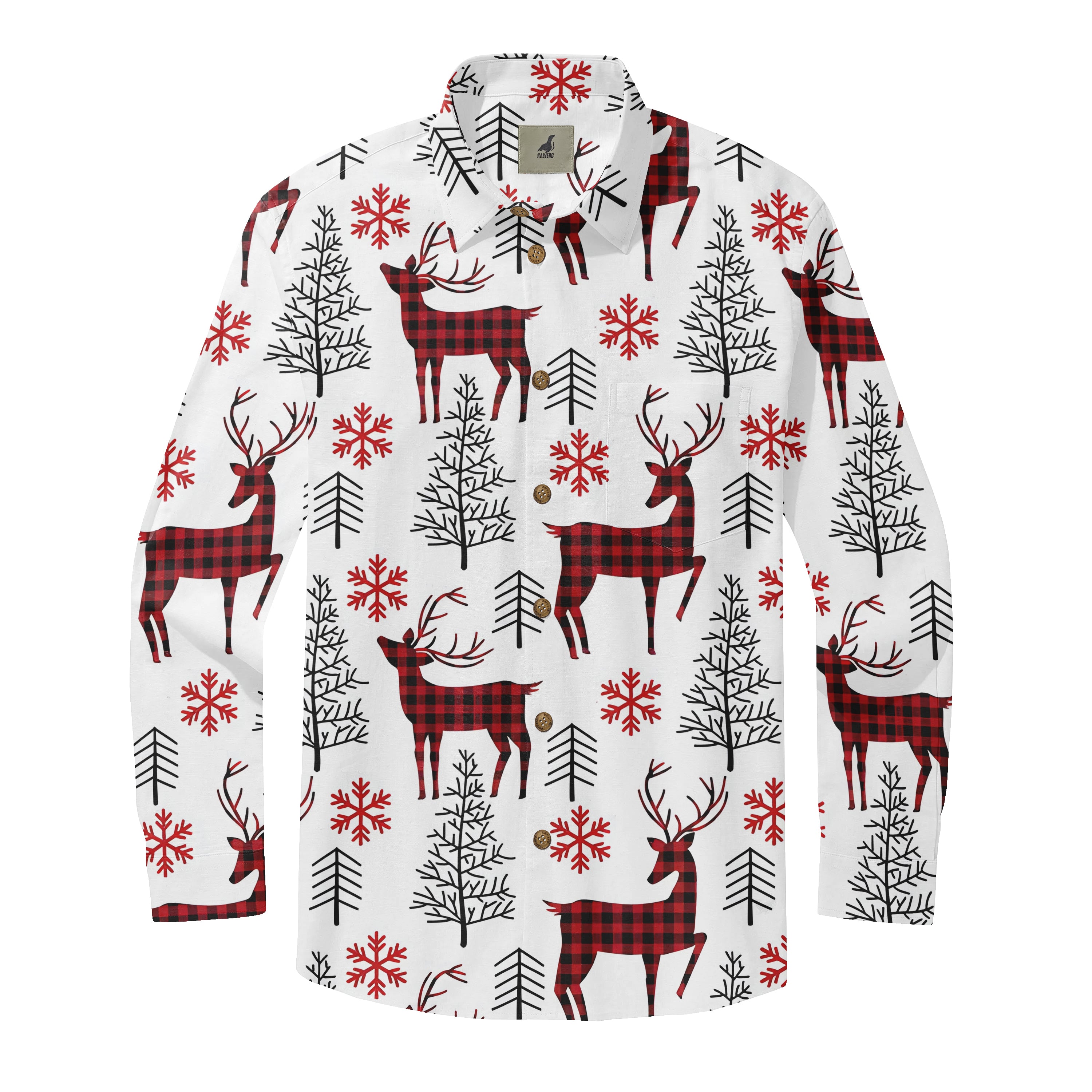 White shirt with red plaid reindeer, snowflakes, and trees.