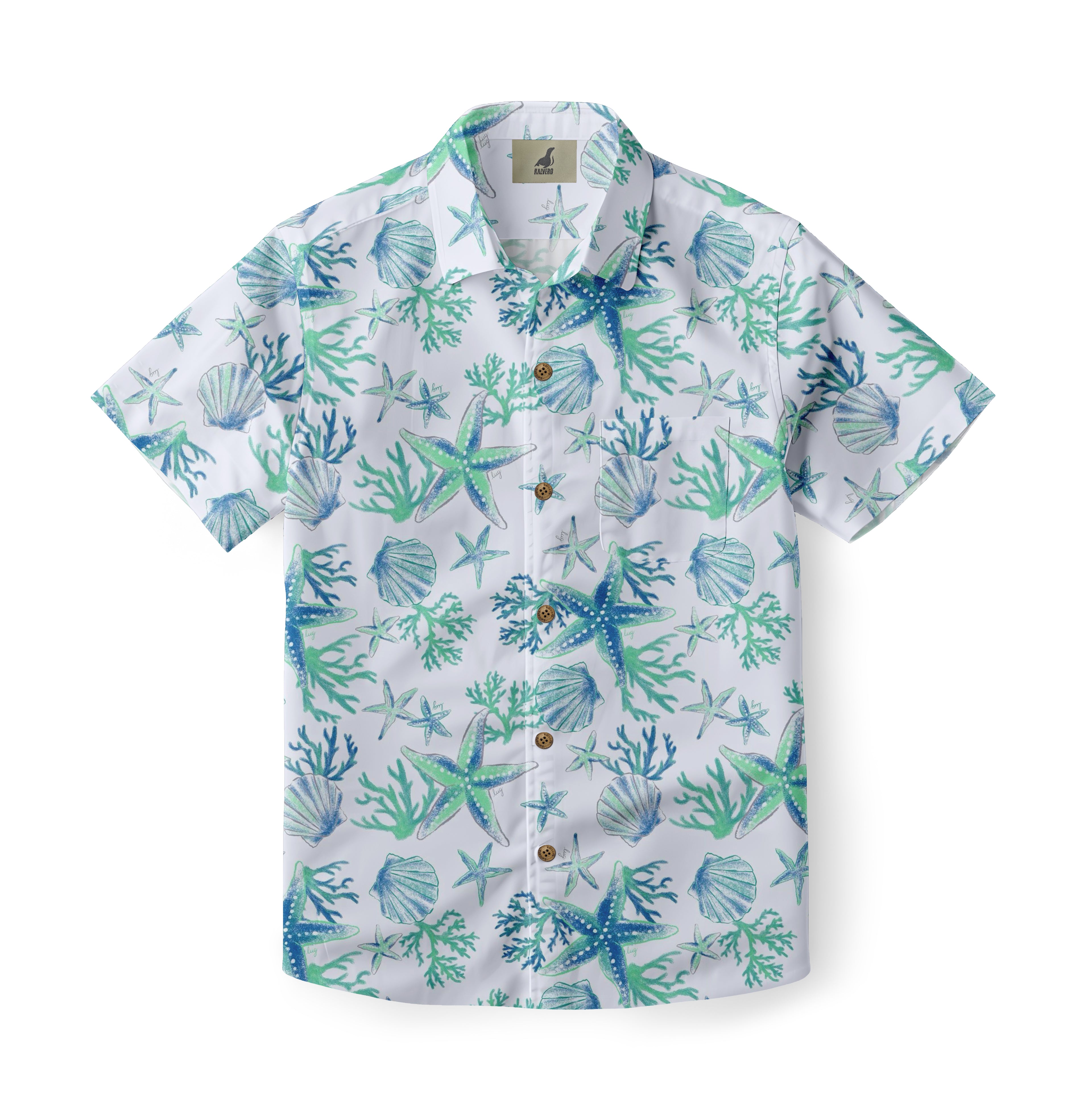 White short-sleeve shirt with blue and green sea-themed print.