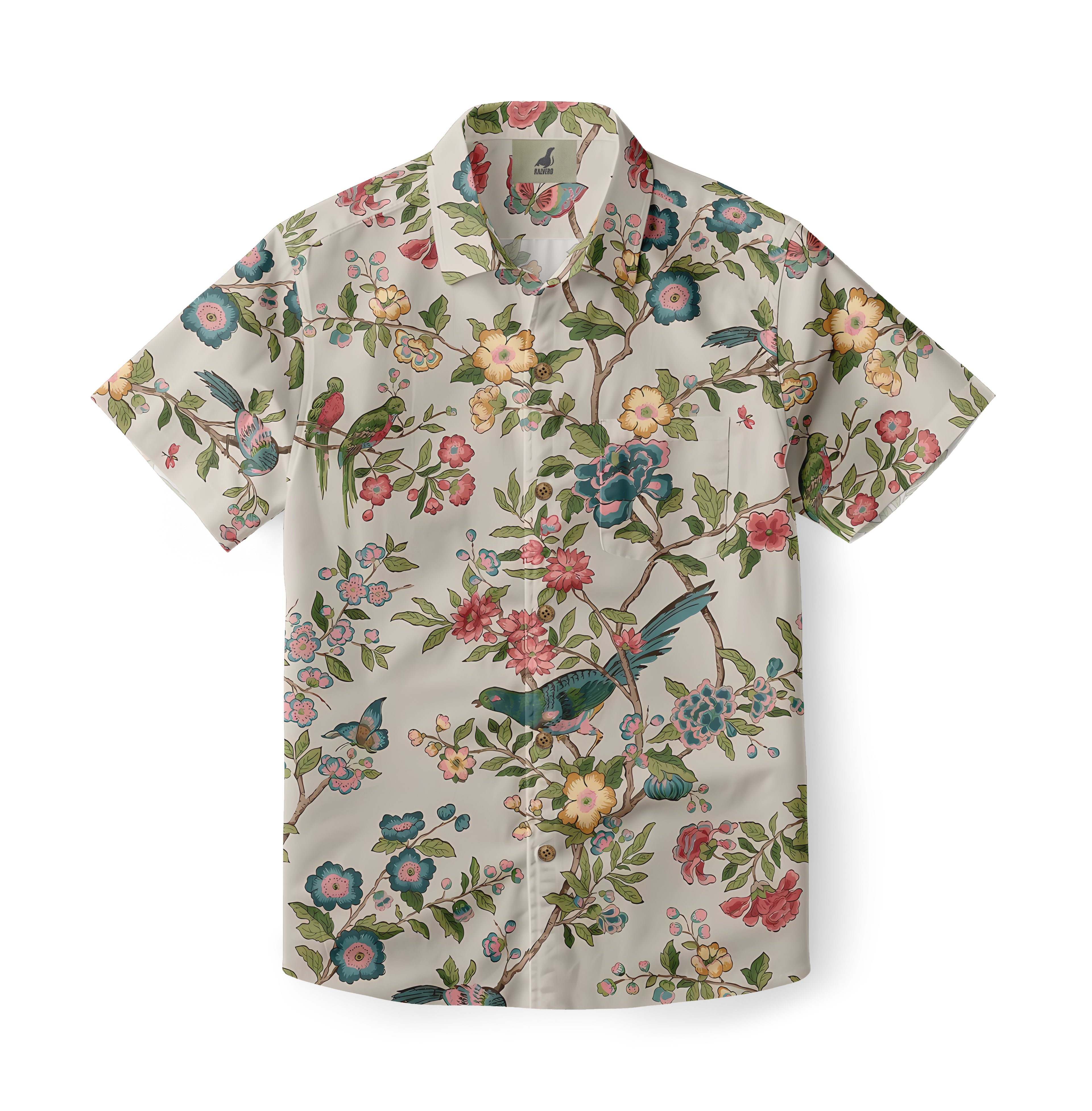 Beige shirt with colorful floral and bird print.
