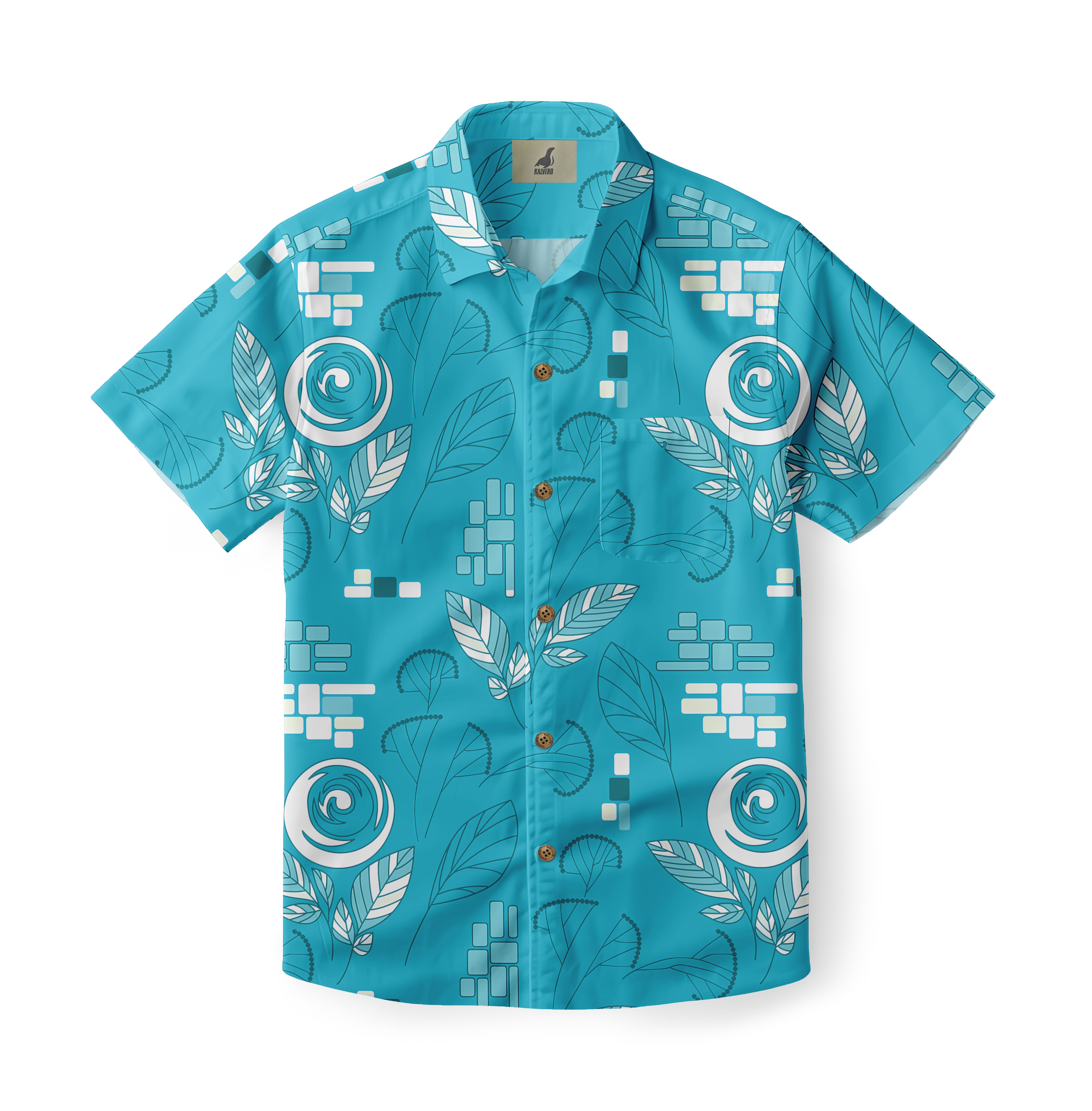 Turquoise short-sleeve shirt with leaf and geometric patterns.