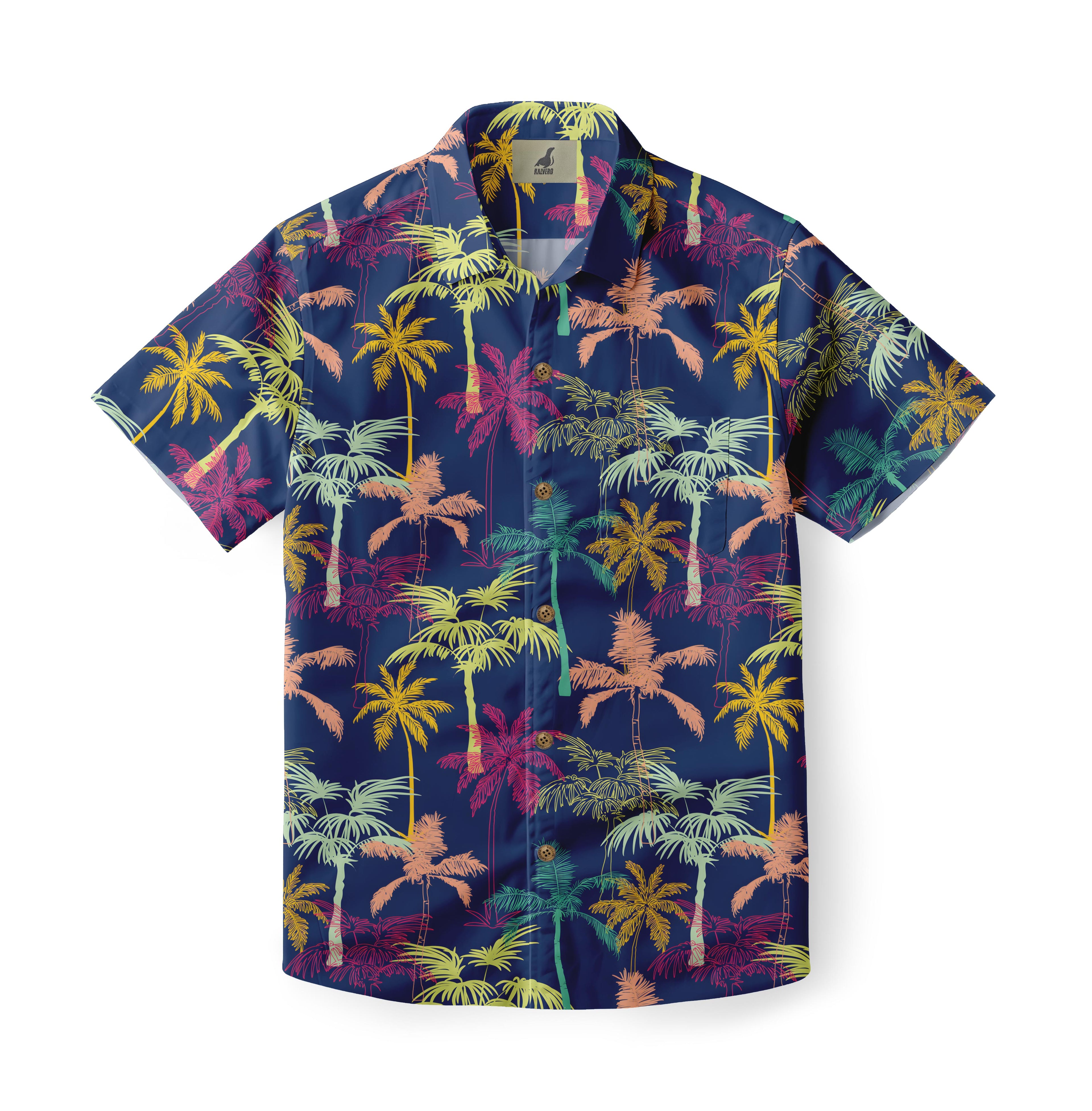 Blue shirt with colorful palm tree print.