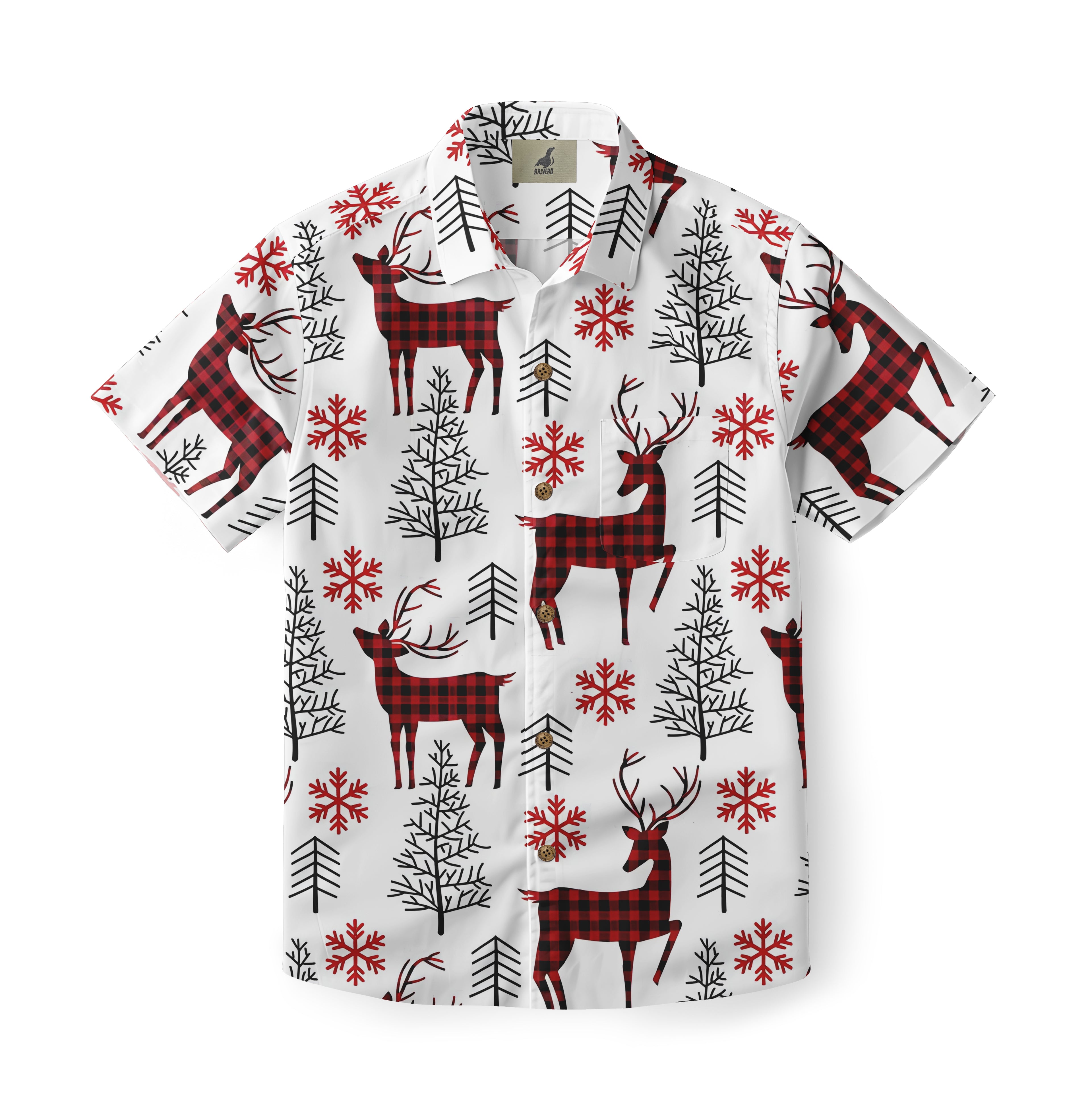 White short-sleeve shirt with red plaid reindeer, snowflakes.