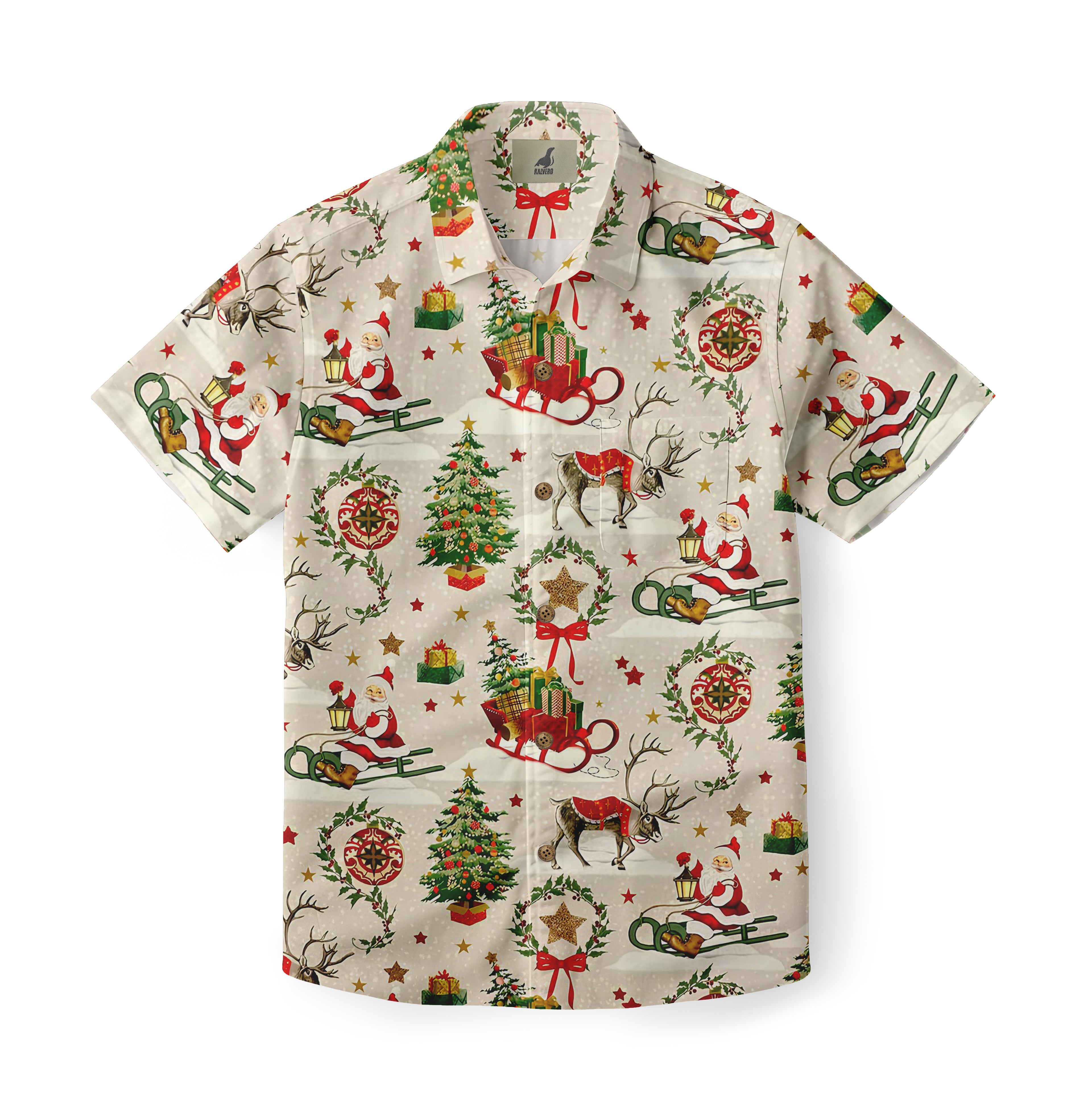 Christmas-themed shirt with Santa, reindeer, trees, and gifts.