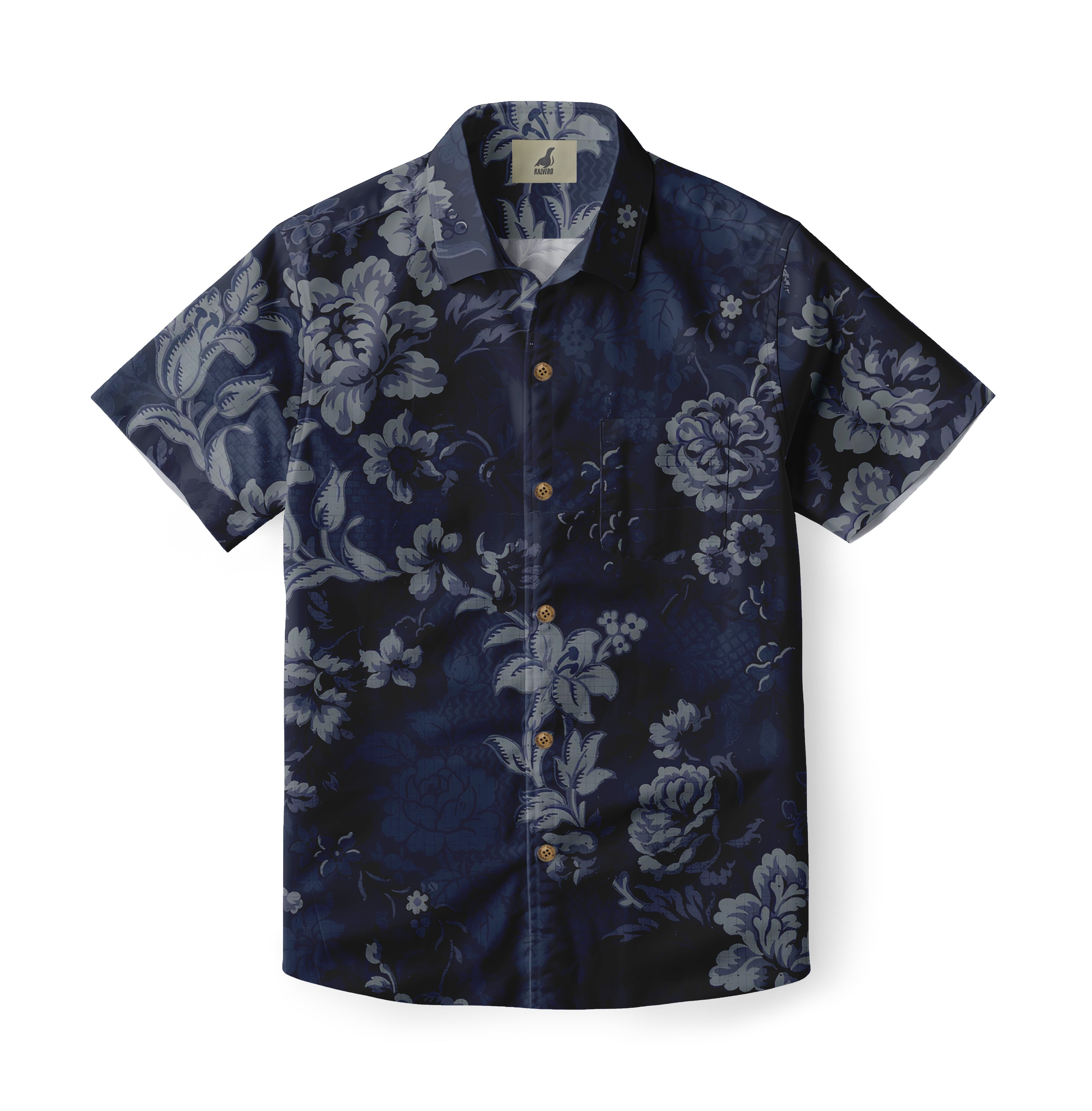 Dark blue floral short-sleeve shirt with gold buttons and a chest.