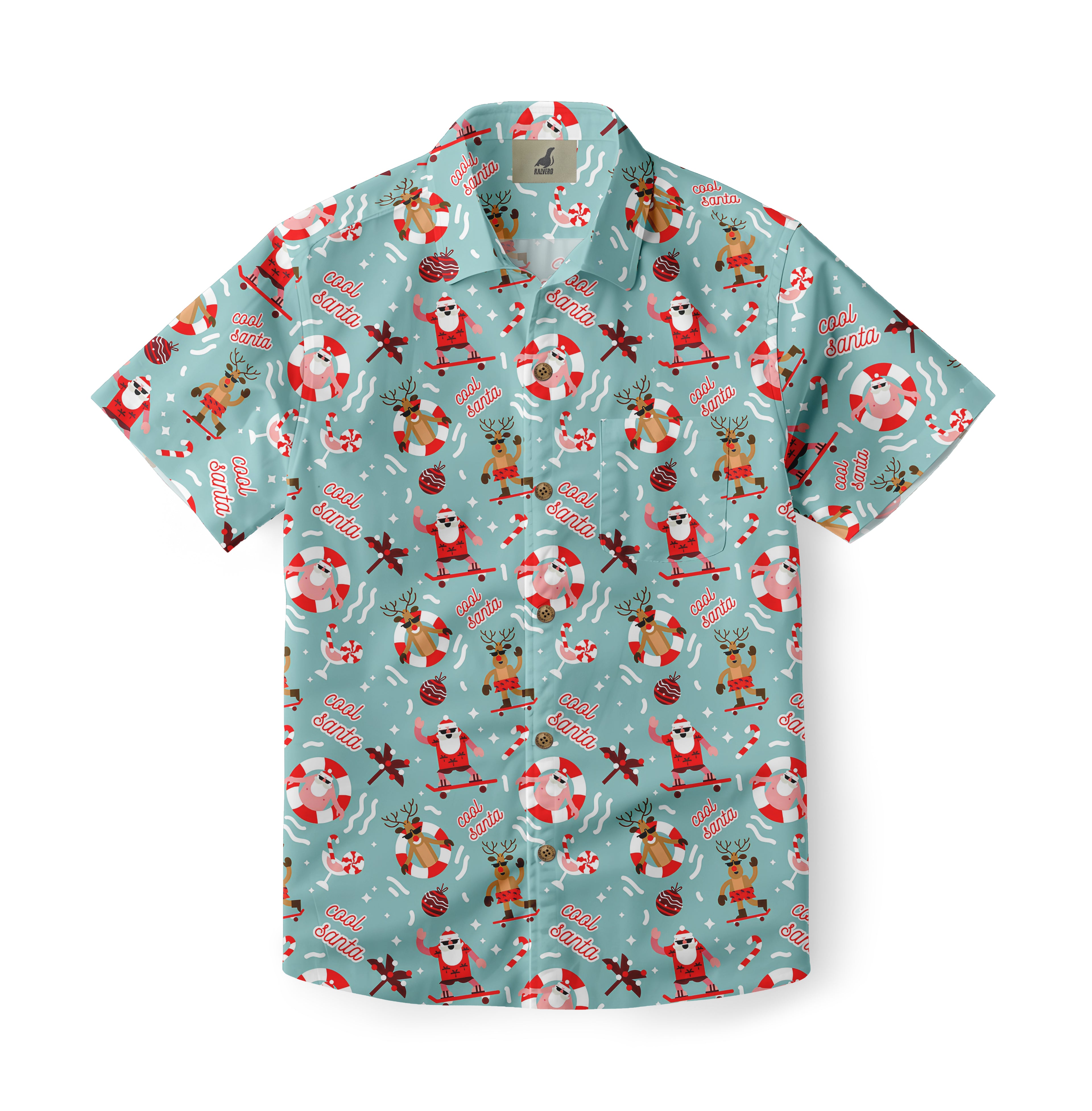 Light blue Hawaiian shirt with "cool santa" print, featuring Santa.