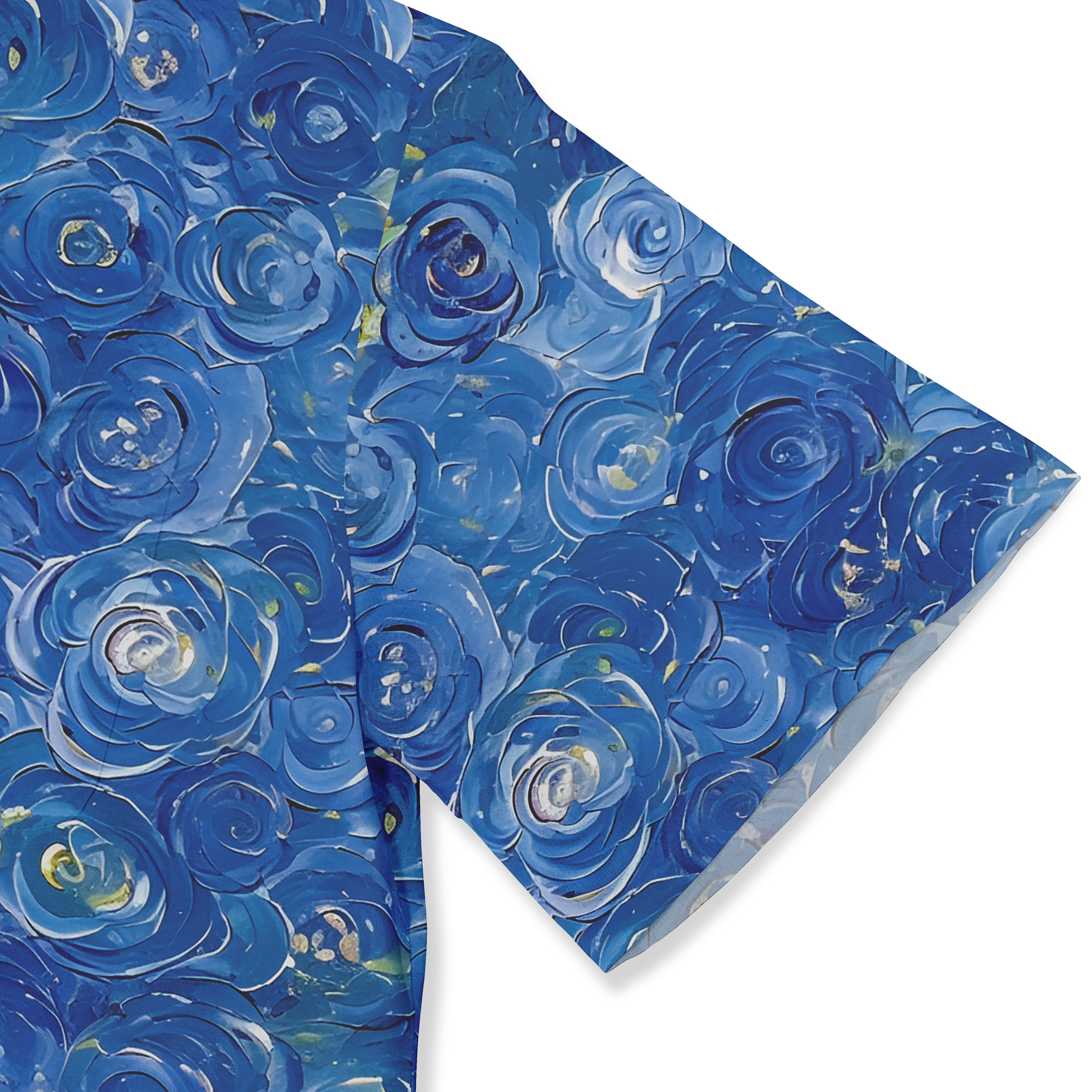 Blue floral patterned fabric with rose designs in various shades of.