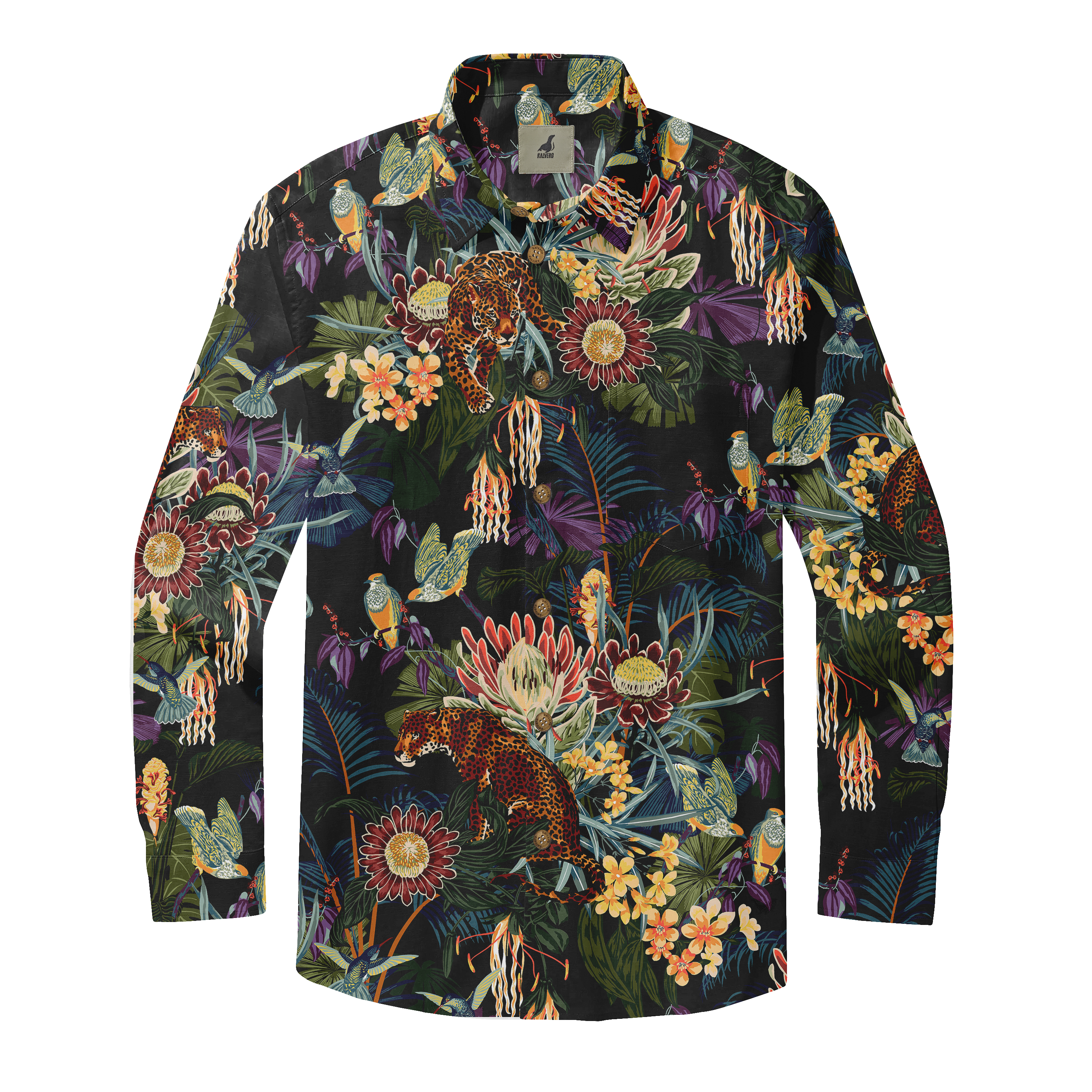 Black long-sleeve shirt with vibrant jungle print featuring leopards.