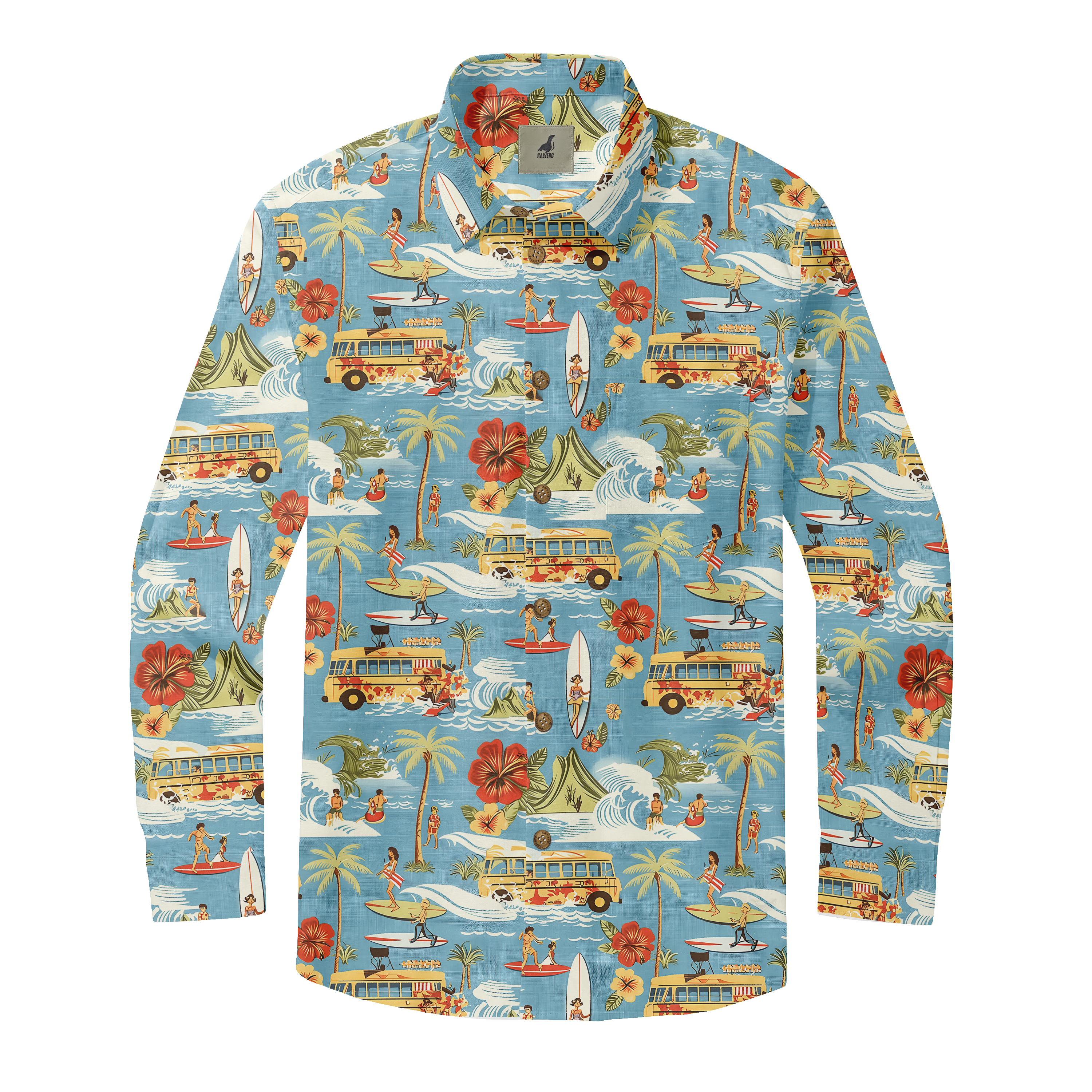 Blue Hawaiian shirt with surfers, buses, and flowers pattern.