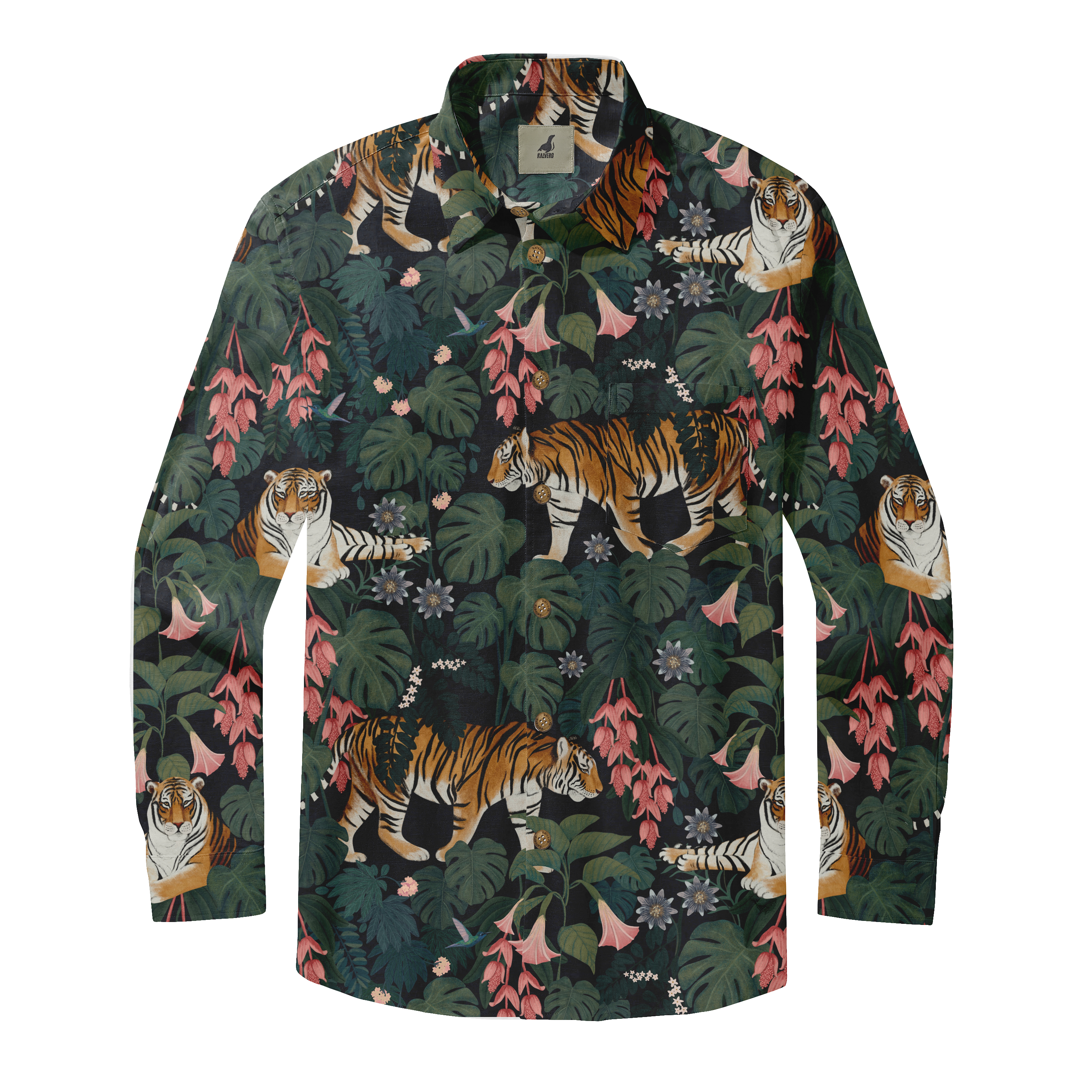 Long-sleeve shirt with tiger and tropical leaf print on dark.