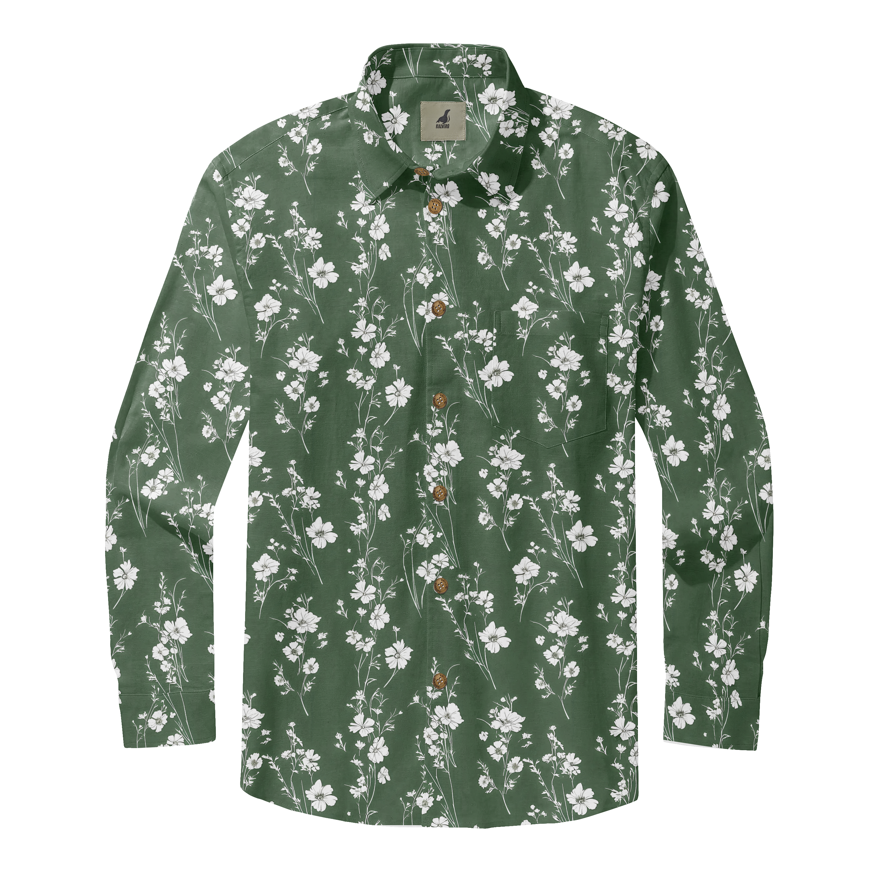 Green long-sleeve shirt with white floral pattern, wooden buttons.