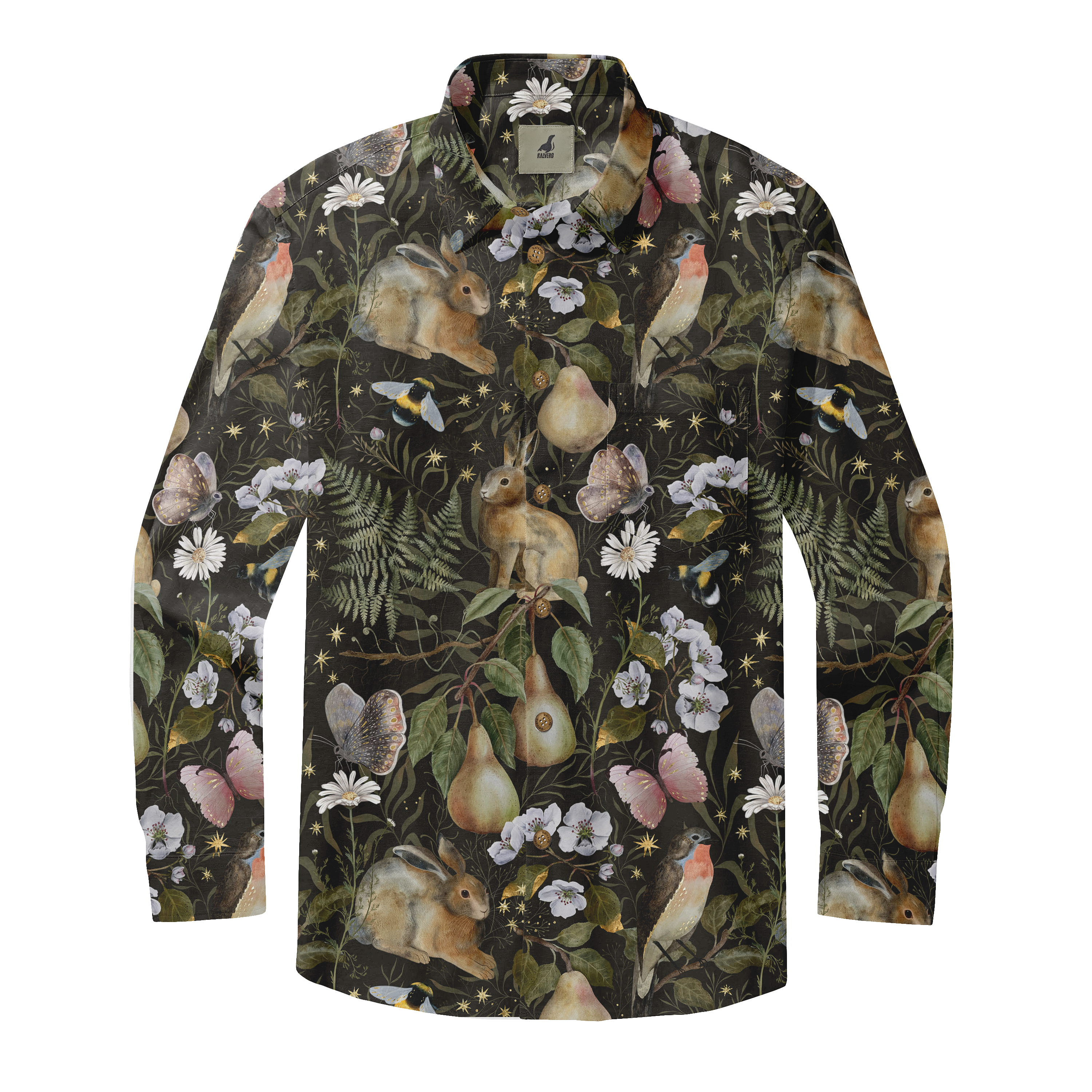 A long-sleeve shirt with a dark background featuring rabbits, birds.