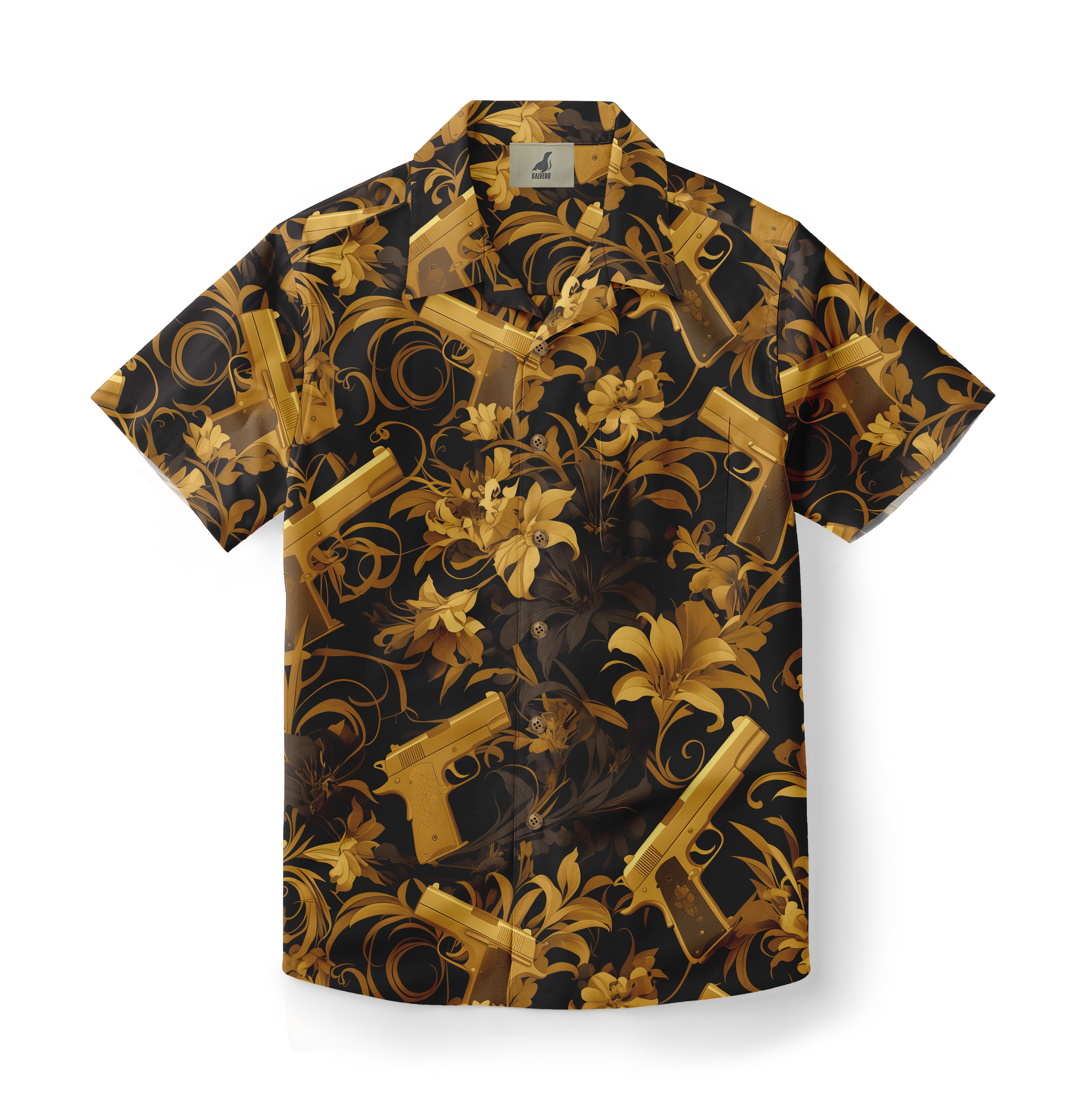 Black shirt with gold floral and pistol pattern, short sleeves.