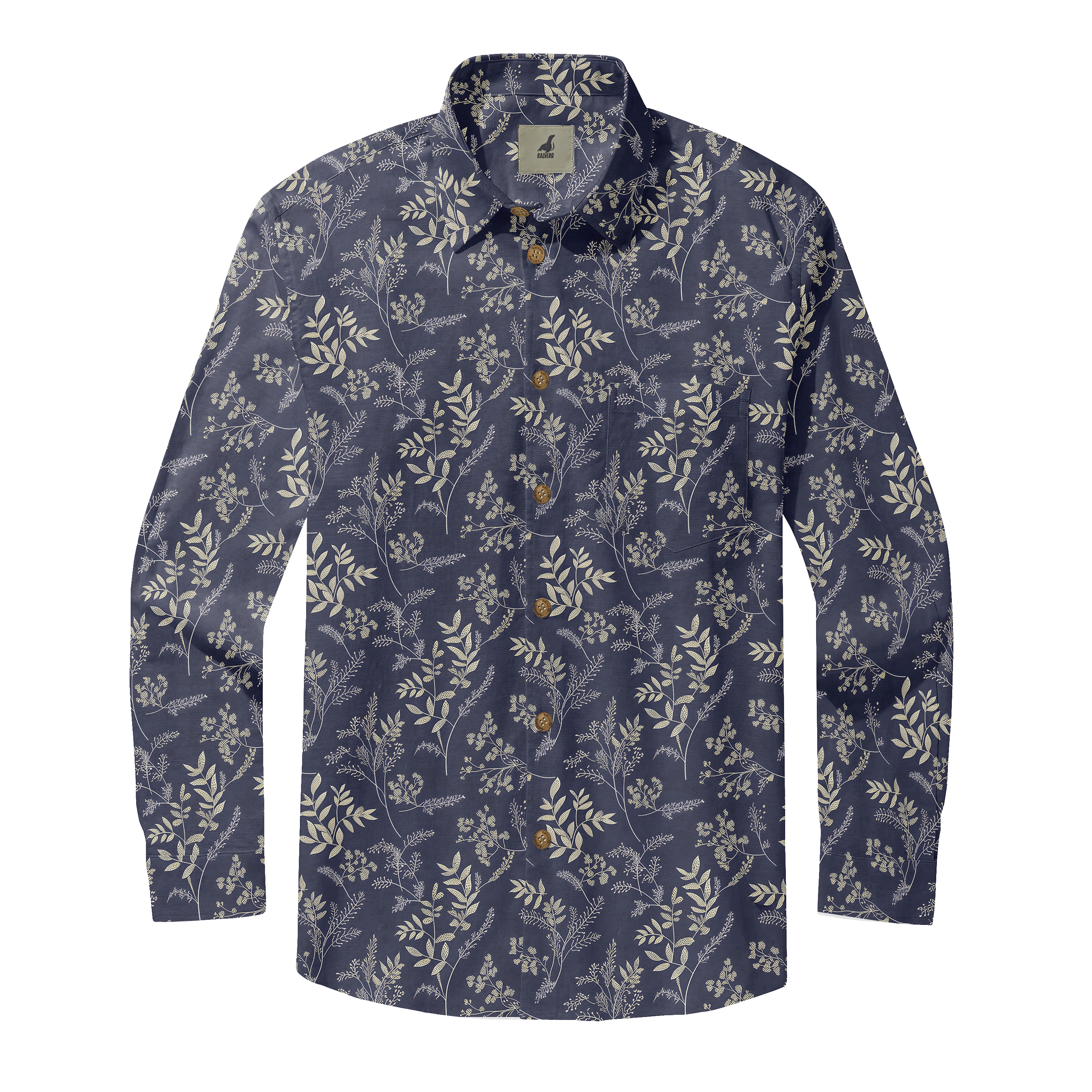 Dark blue shirt with cream floral pattern, long sleeves.