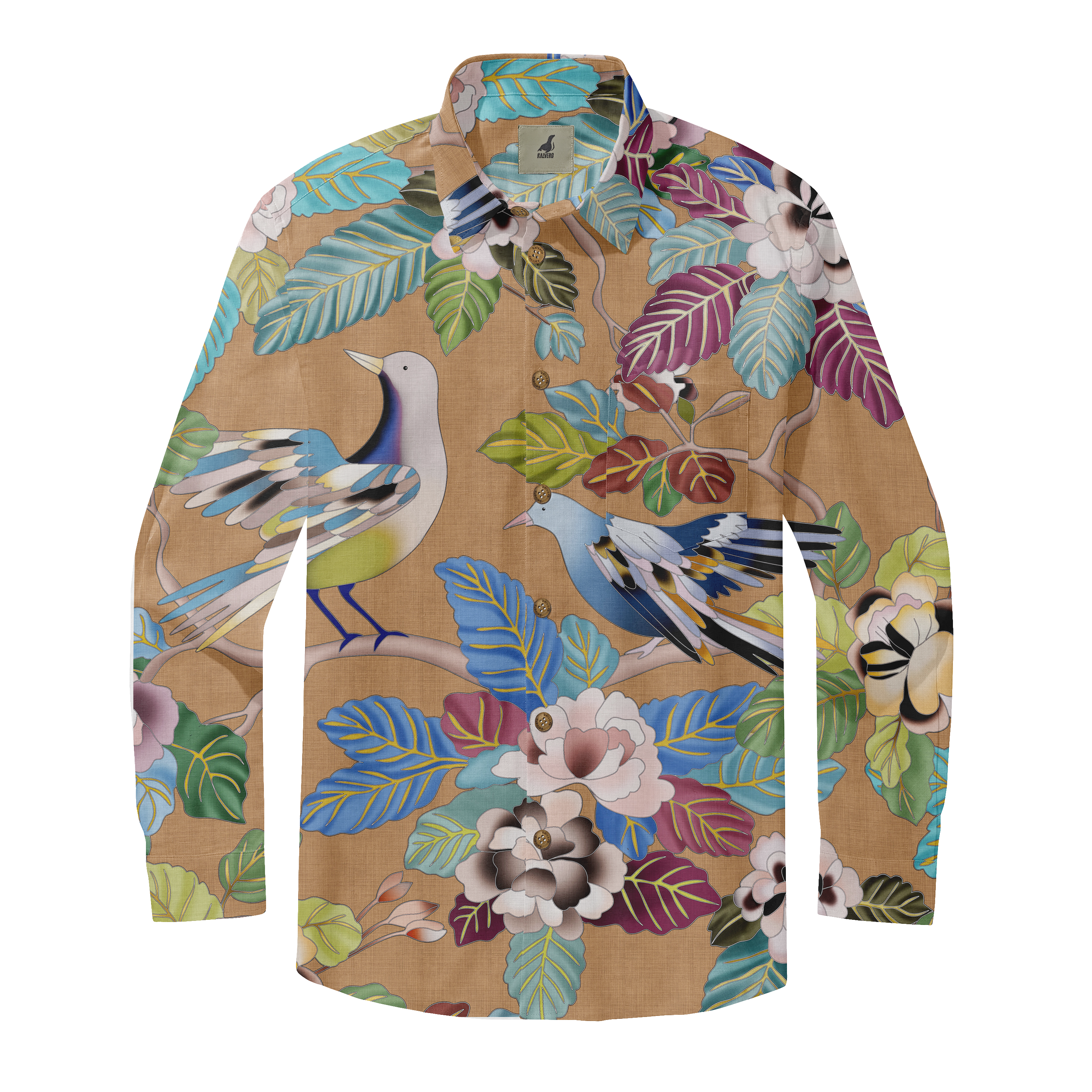 A vibrant, long-sleeve shirt with a detailed bird and floral pattern.