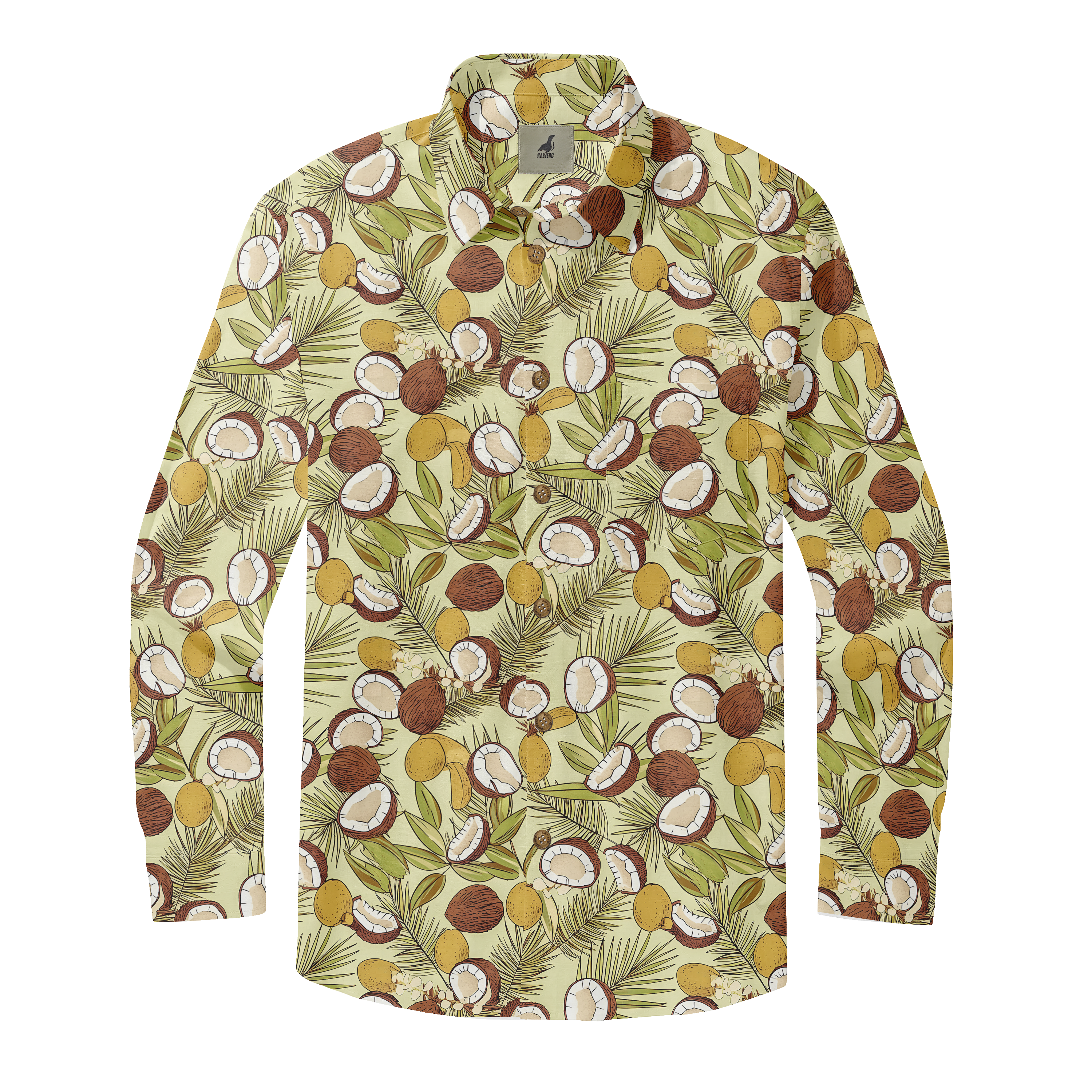 Beige shirt with coconut and leaf pattern.