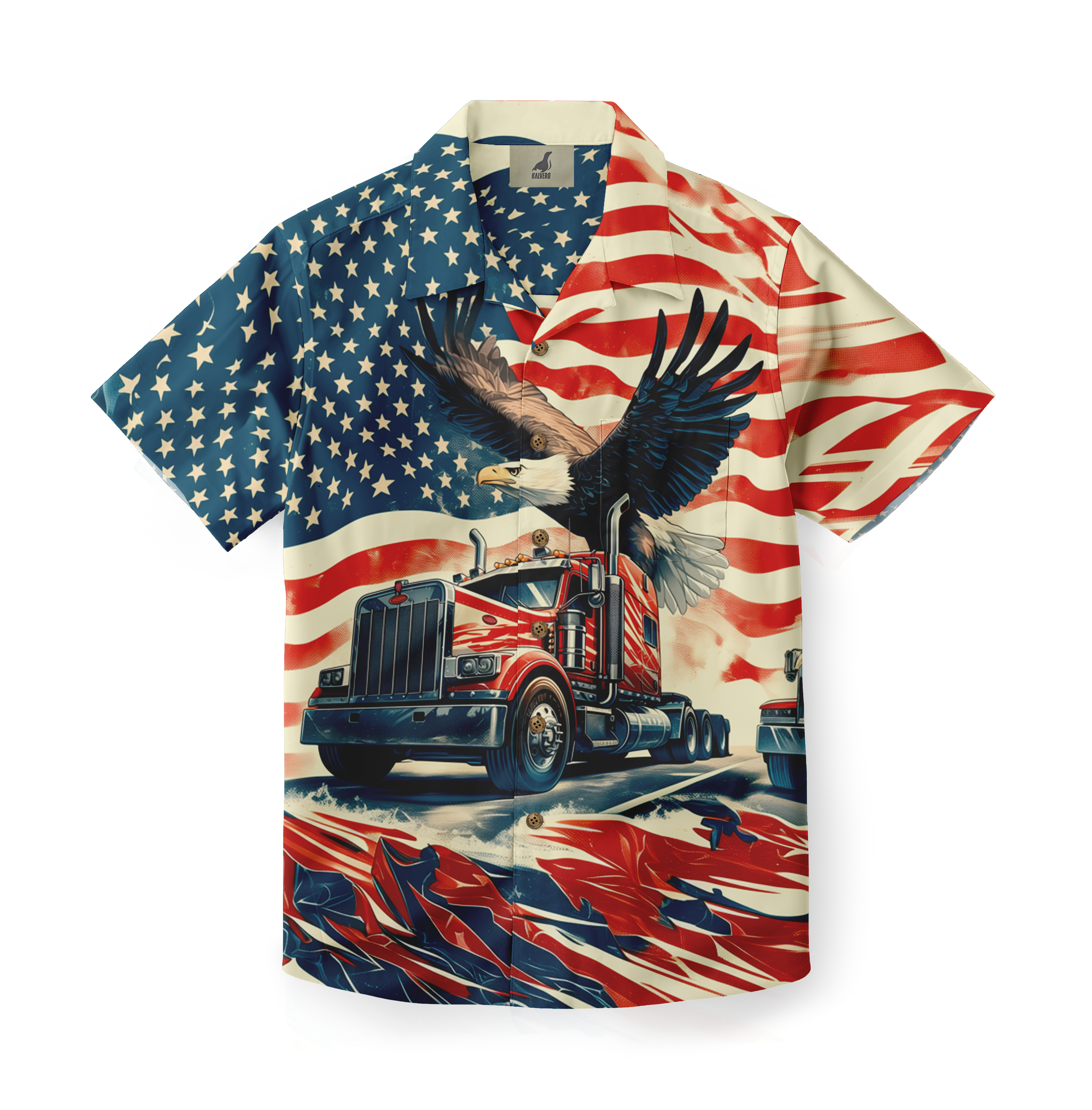 American flag-themed shirt featuring a bald eagle and red truck.