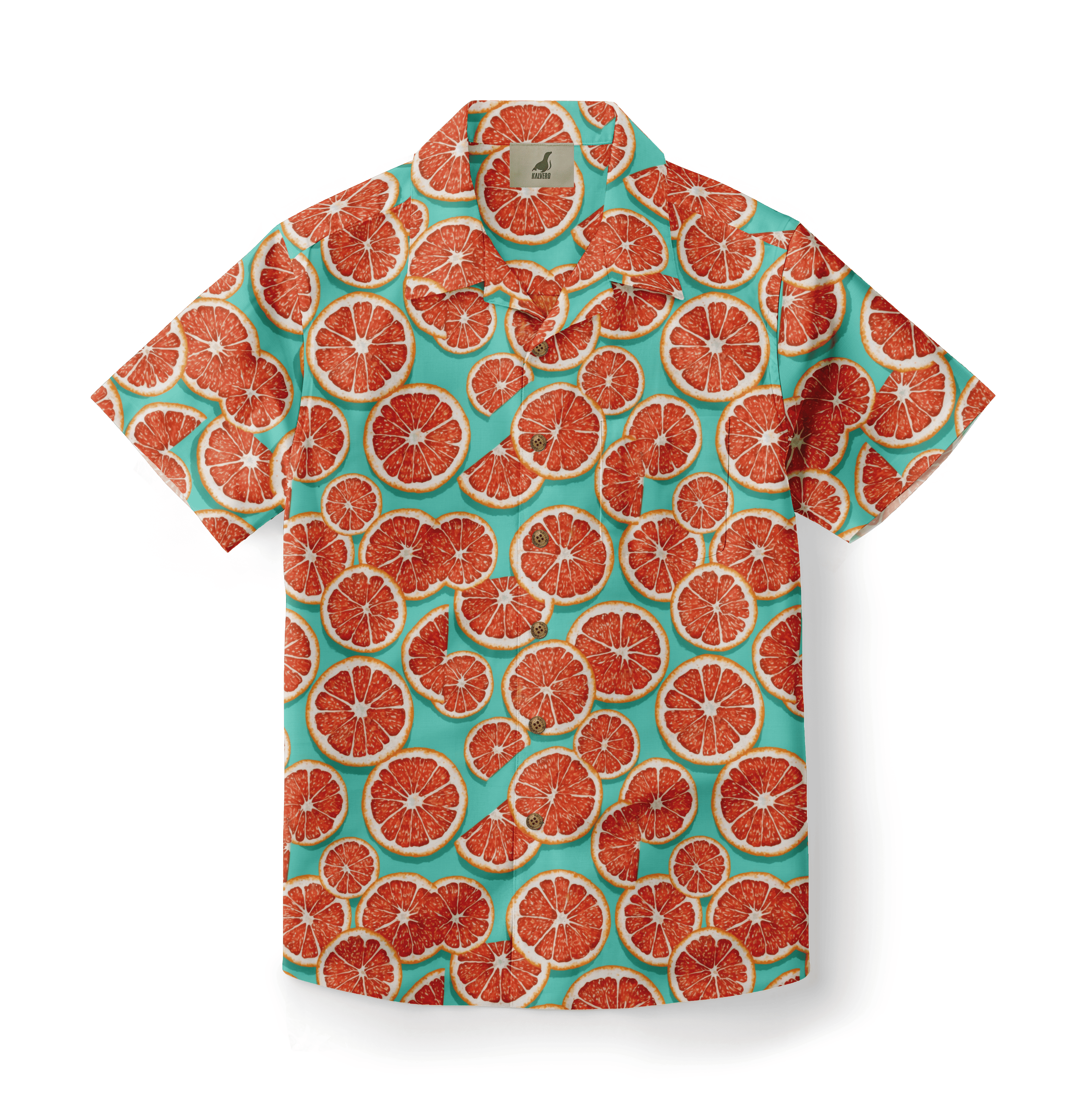 Vibrant turquoise shirt with a bold grapefruit slice pattern.
