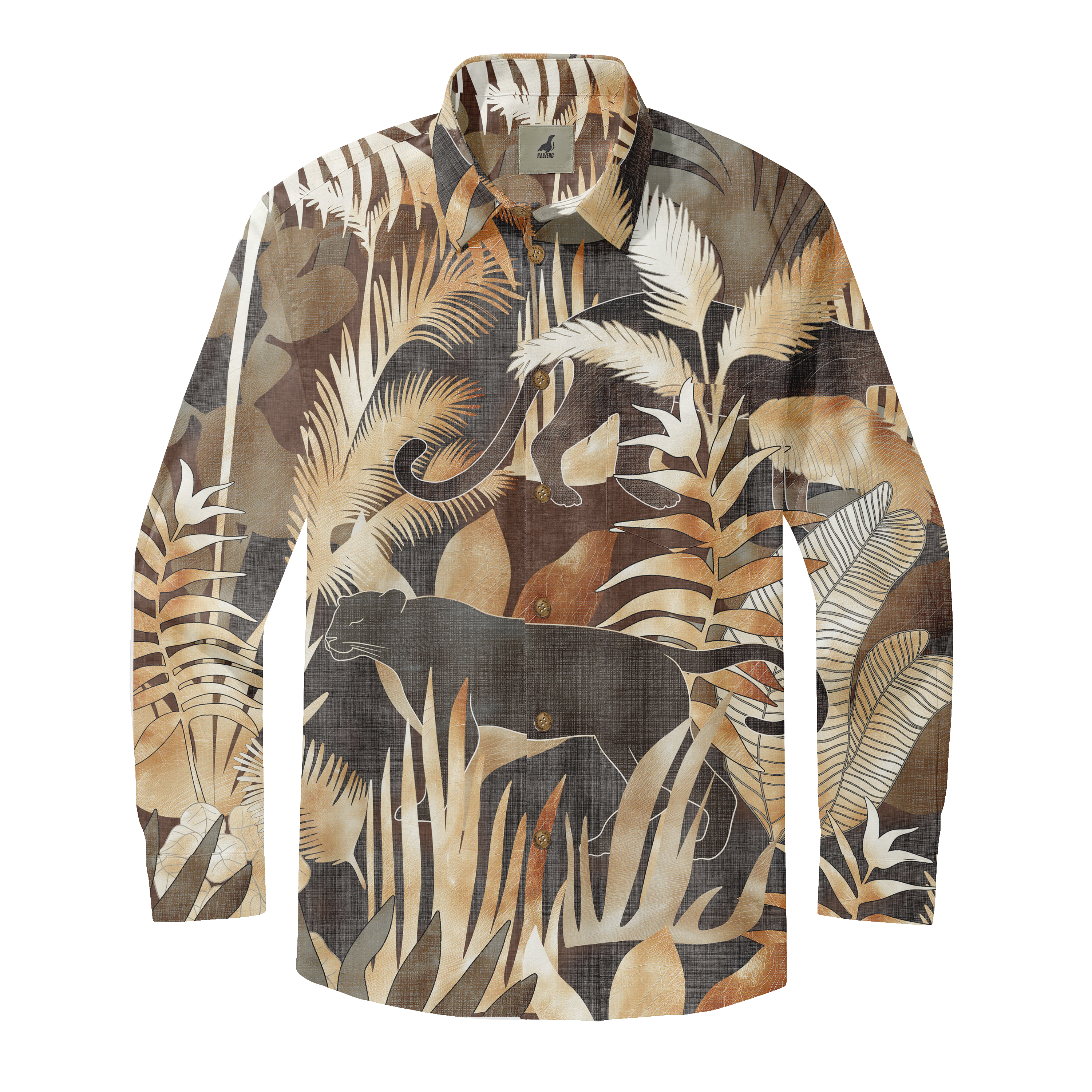 Brown shirt with panther and leaf patterns.