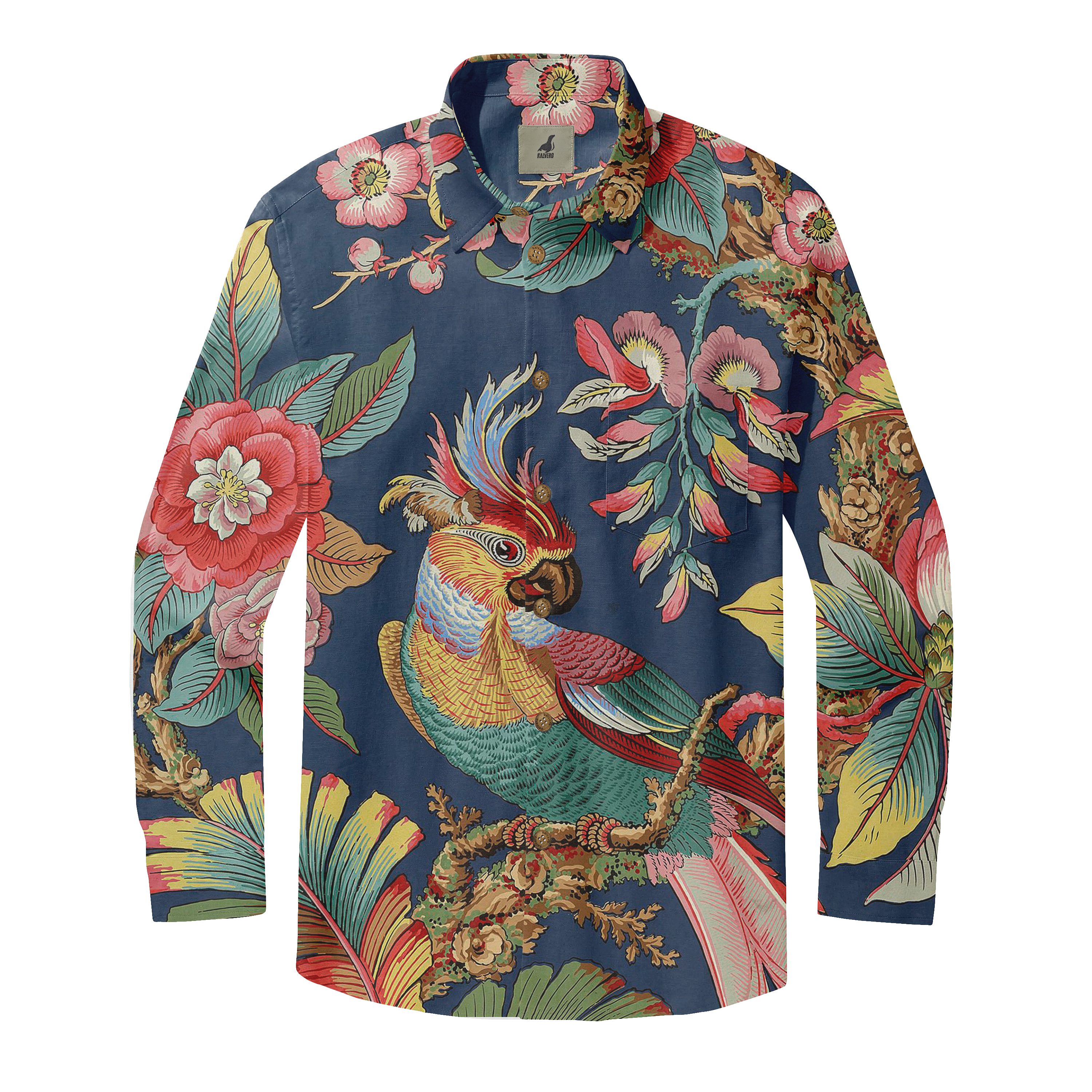 Vibrant floral and bird print long-sleeve shirt with navy background.