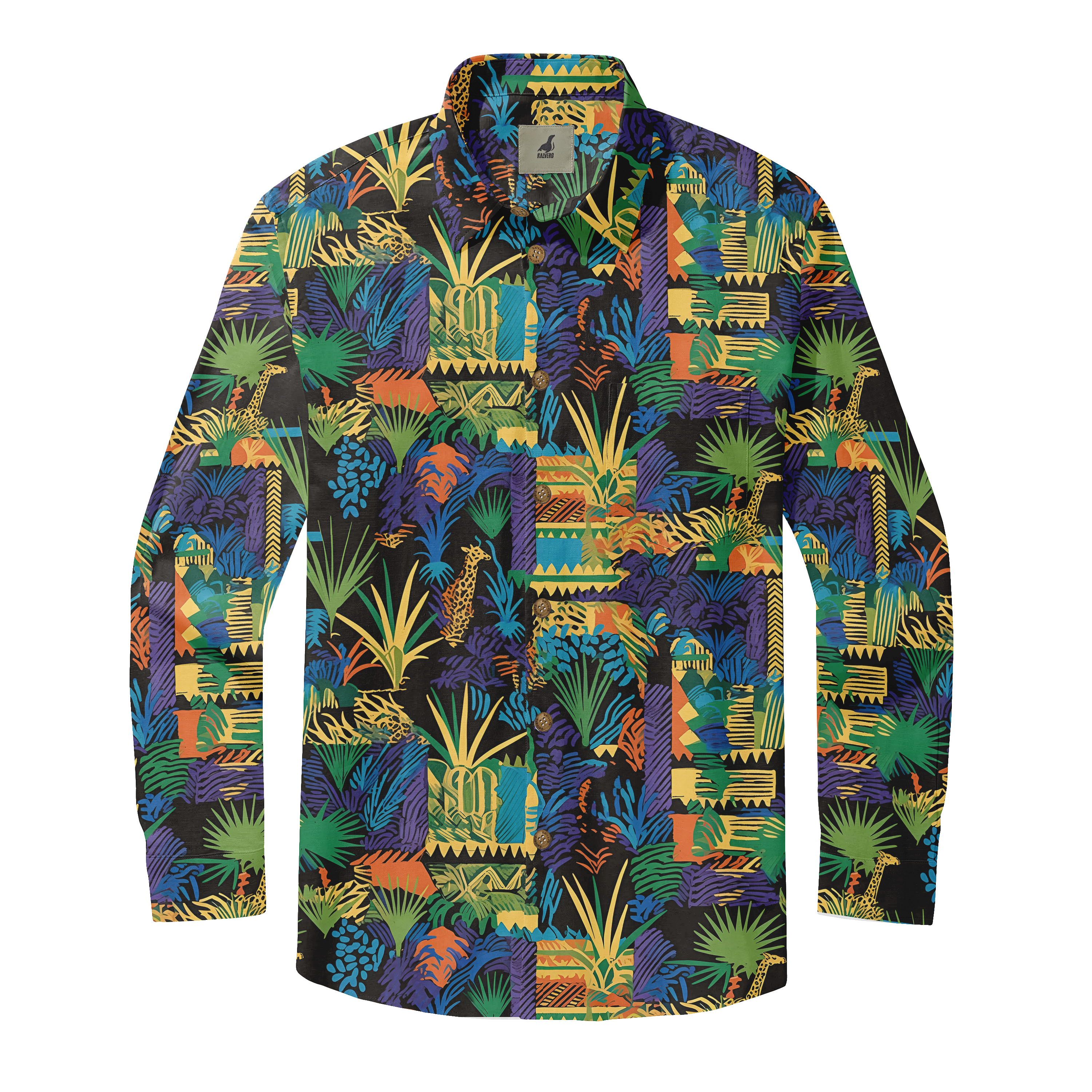 Vibrant, patterned long-sleeve shirt with jungle-themed design.
