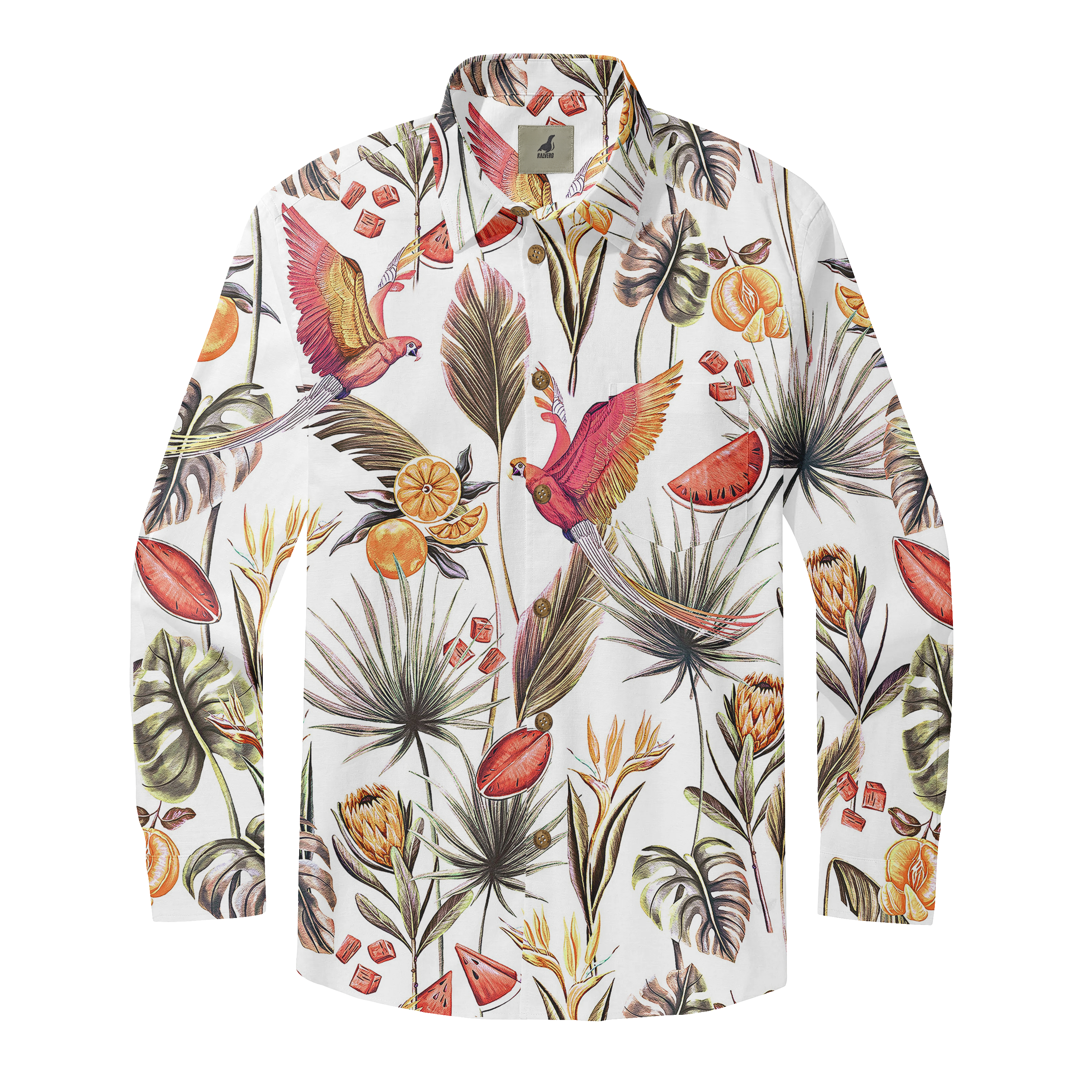 Tropical print shirt with parrots, fruits, and leaves on a white.