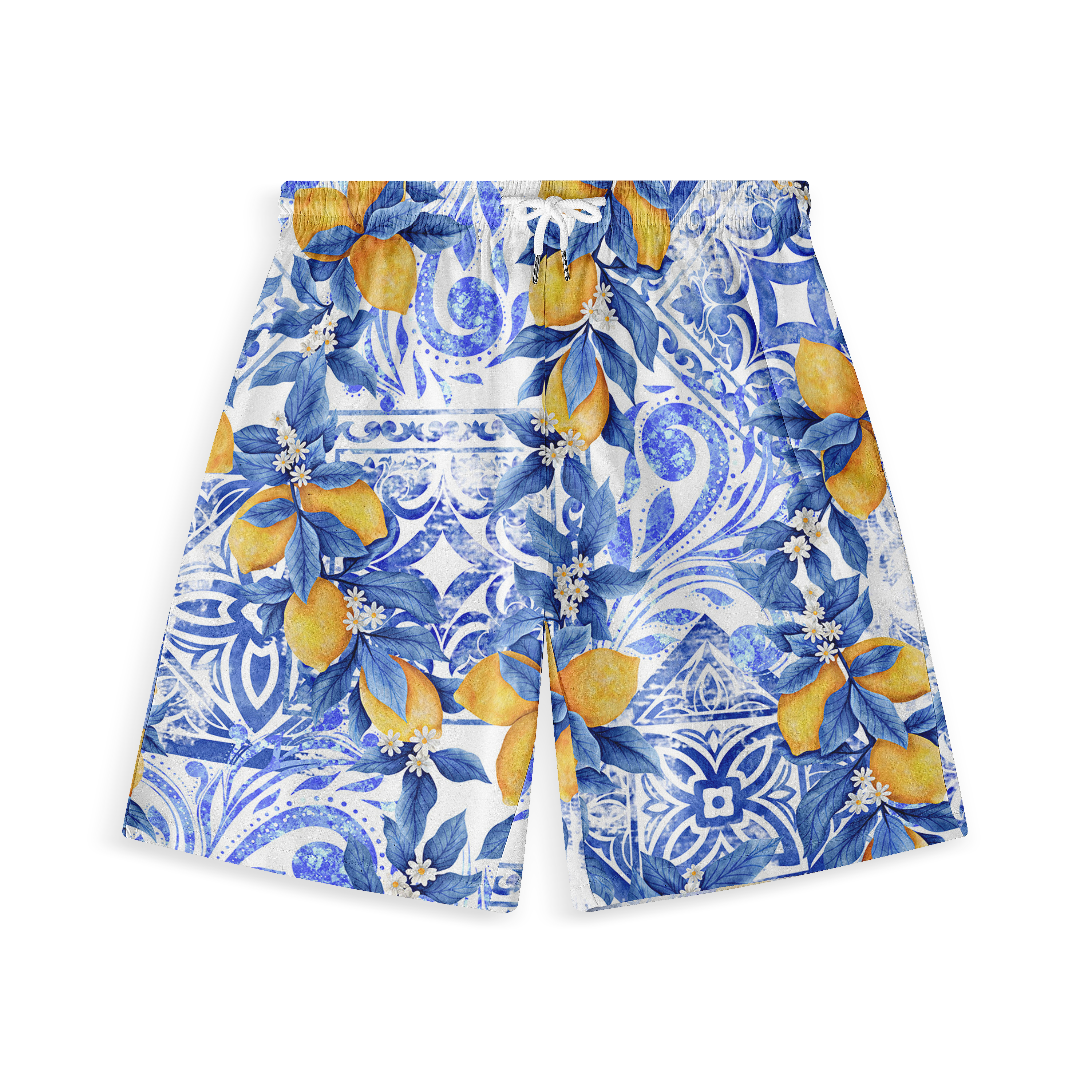 Blue and white patterned shorts with lemon and floral design.