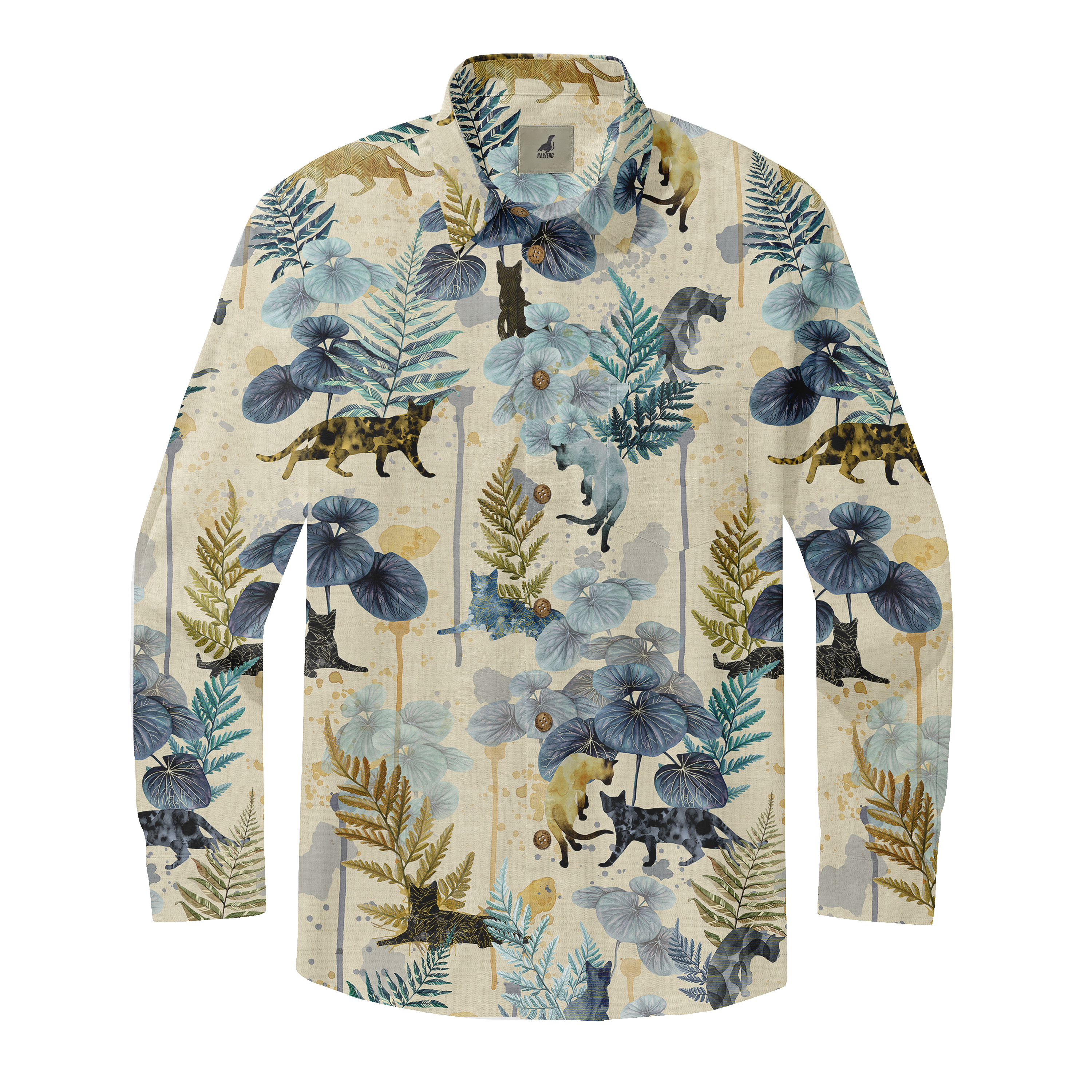 Beige shirt with blue cats, leaves, and floral patterns.