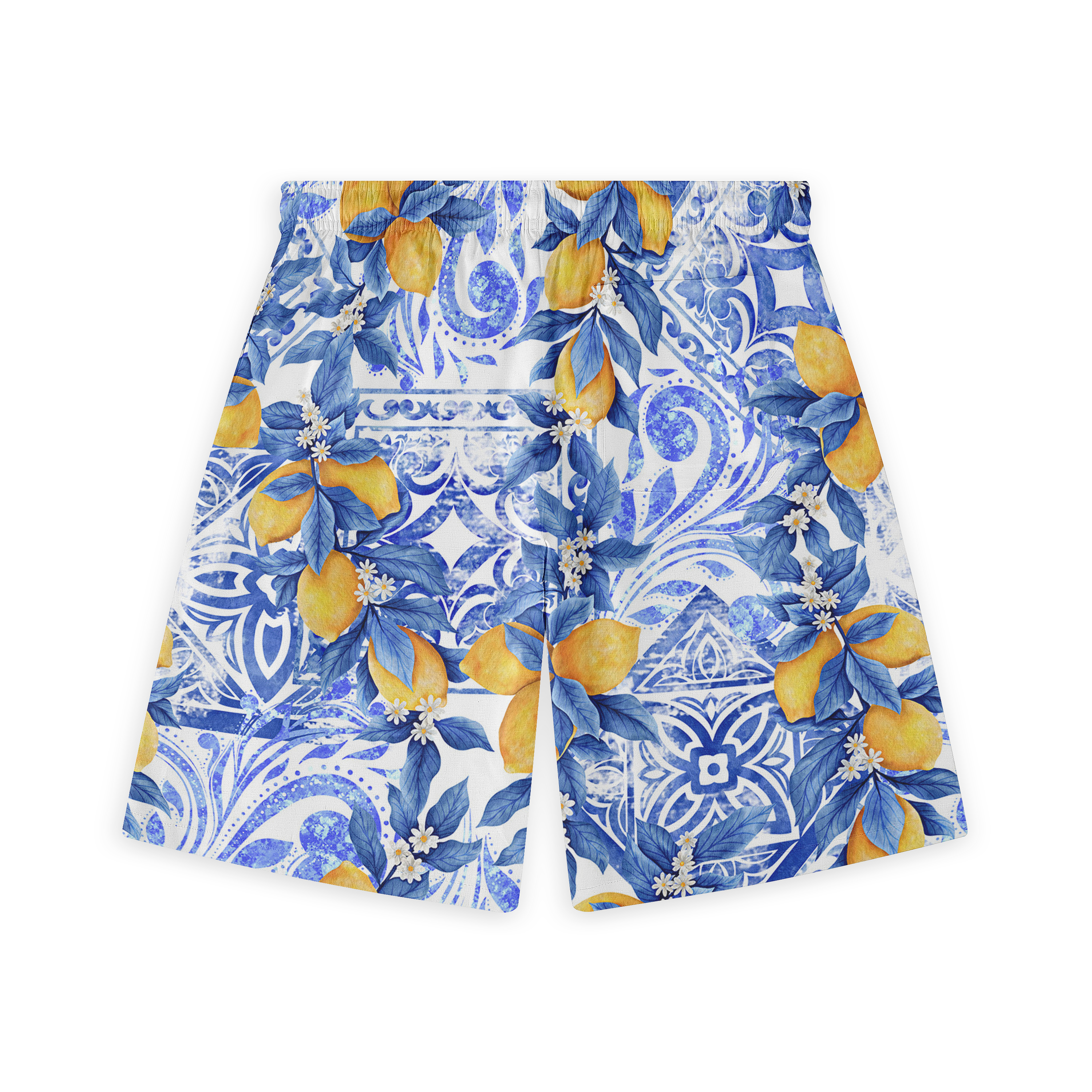 Blue and white patterned shorts with lemon and floral design.