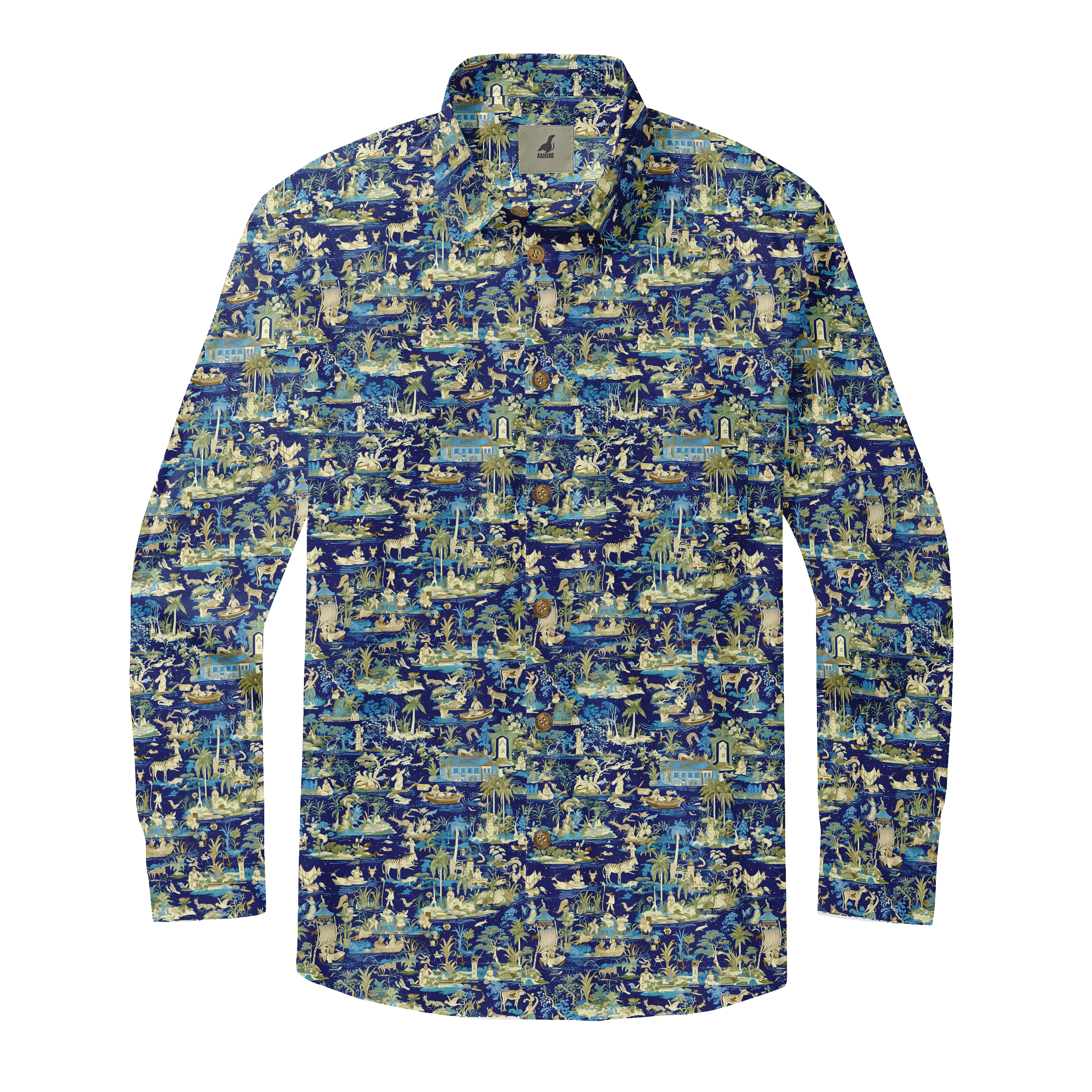 Blue shirt with intricate animal and nature patterns.