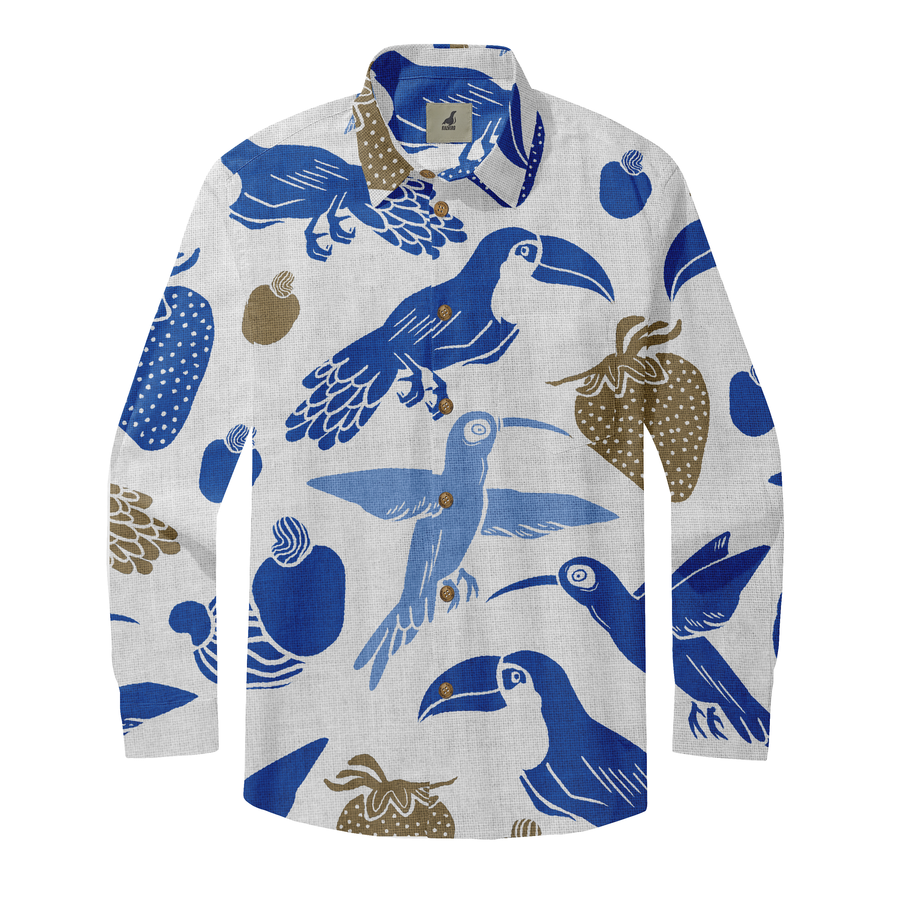 Blue and brown toucan and fruit patterned long-sleeve shirt on light.