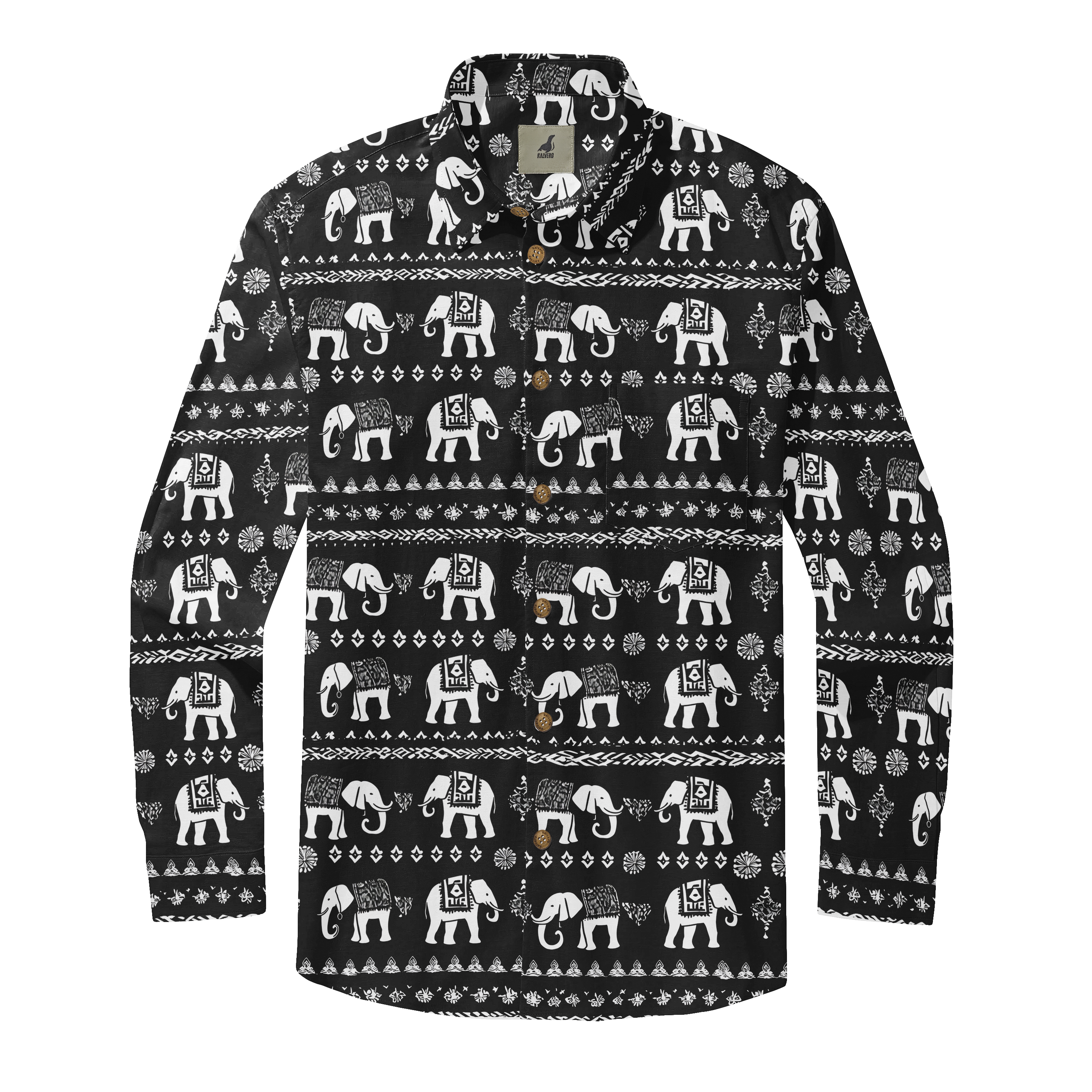 Black shirt with white elephant and tribal patterns, featuring.