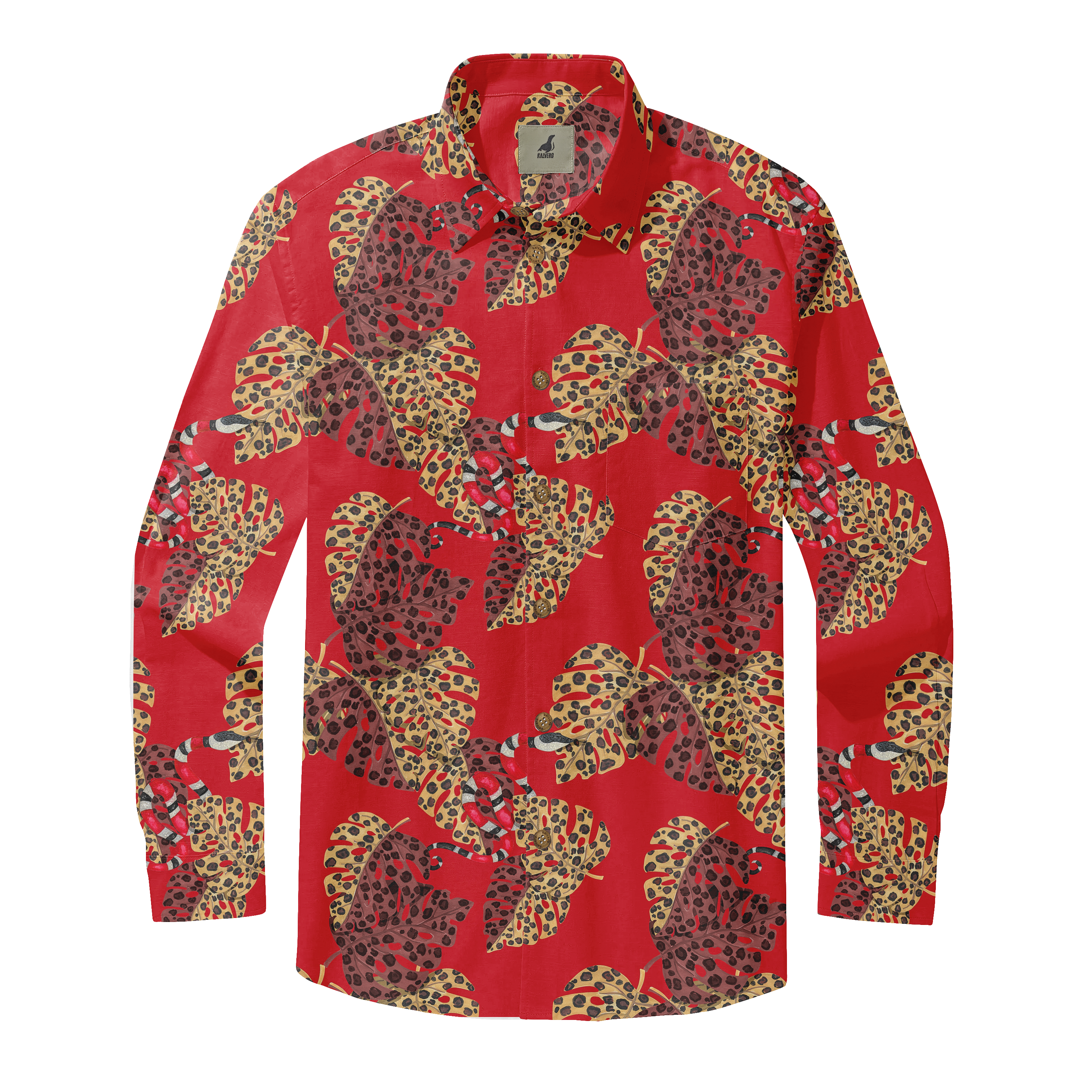 Red long-sleeve shirt with tropical leaf pattern and leopard print.