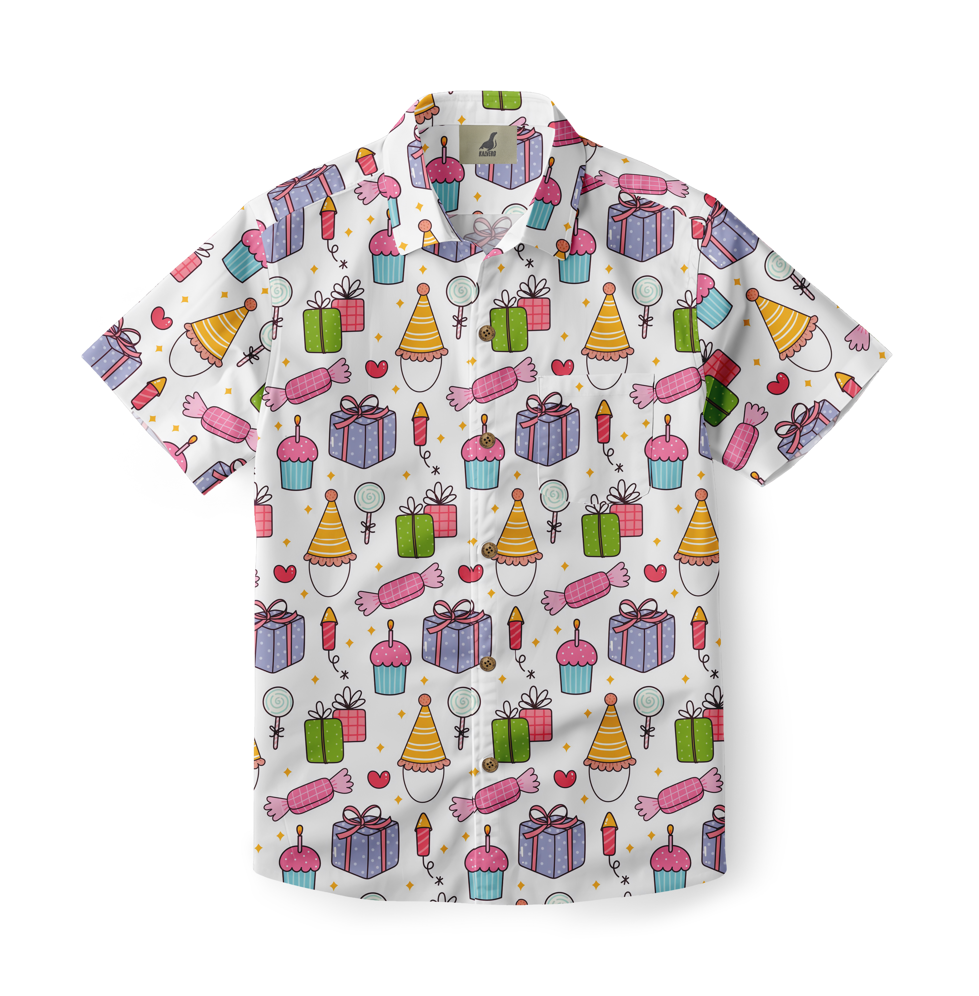 Colorful party-themed shirt with gifts, cupcakes, and hats.