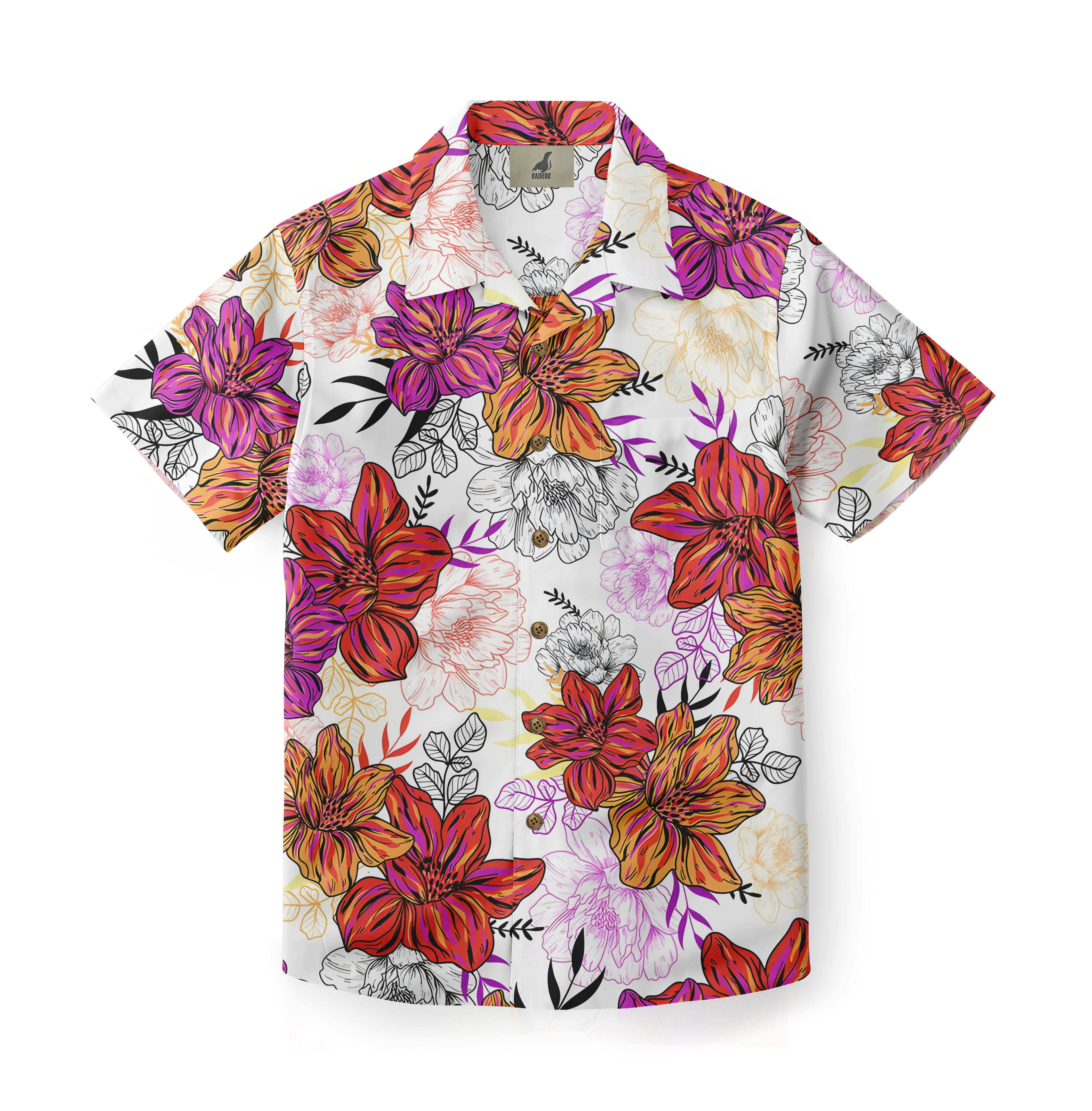 Colorful floral print short-sleeve button-up shirt.