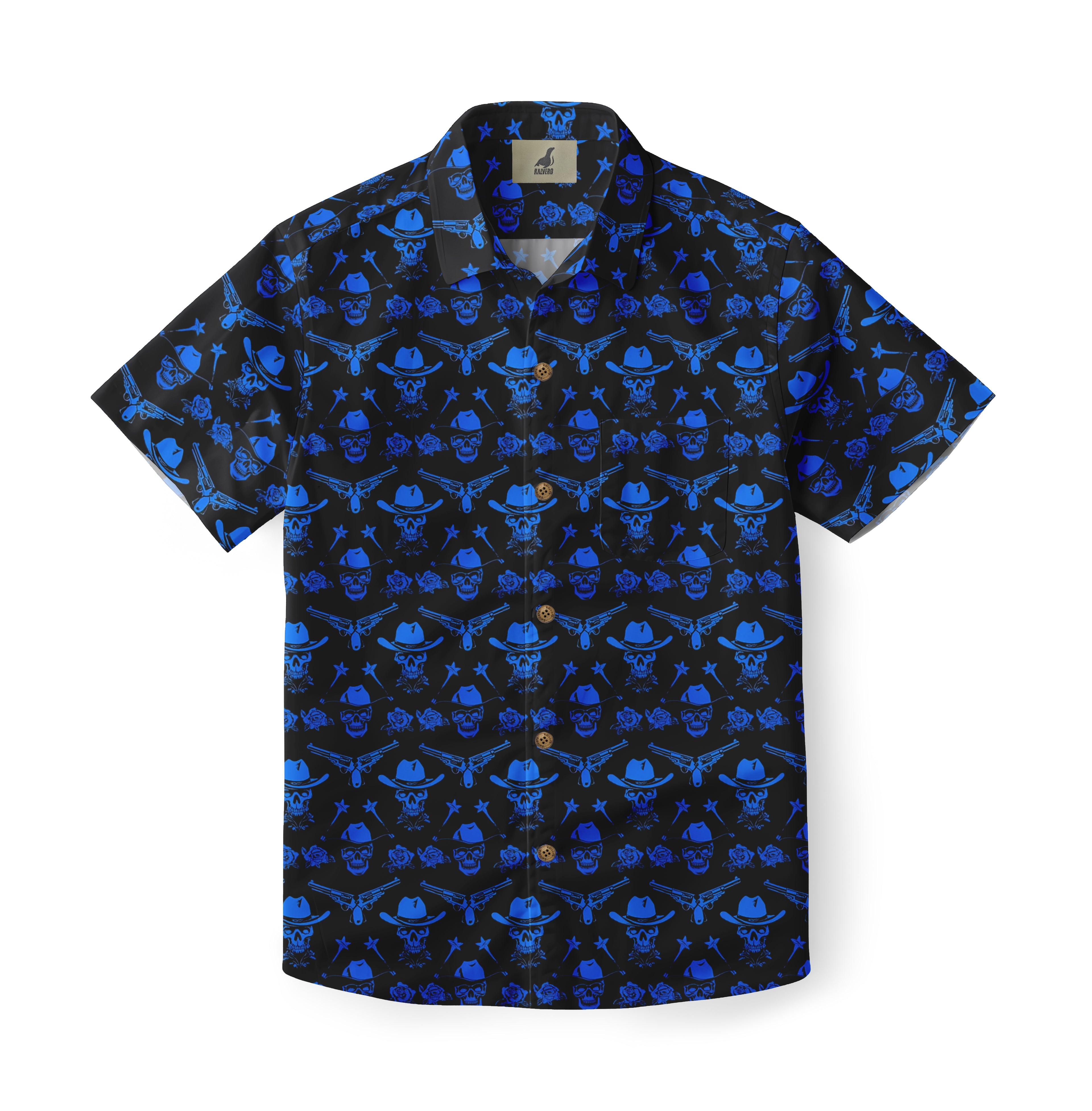 Black short-sleeve shirt with blue skull, cowboy hat, and revolver.