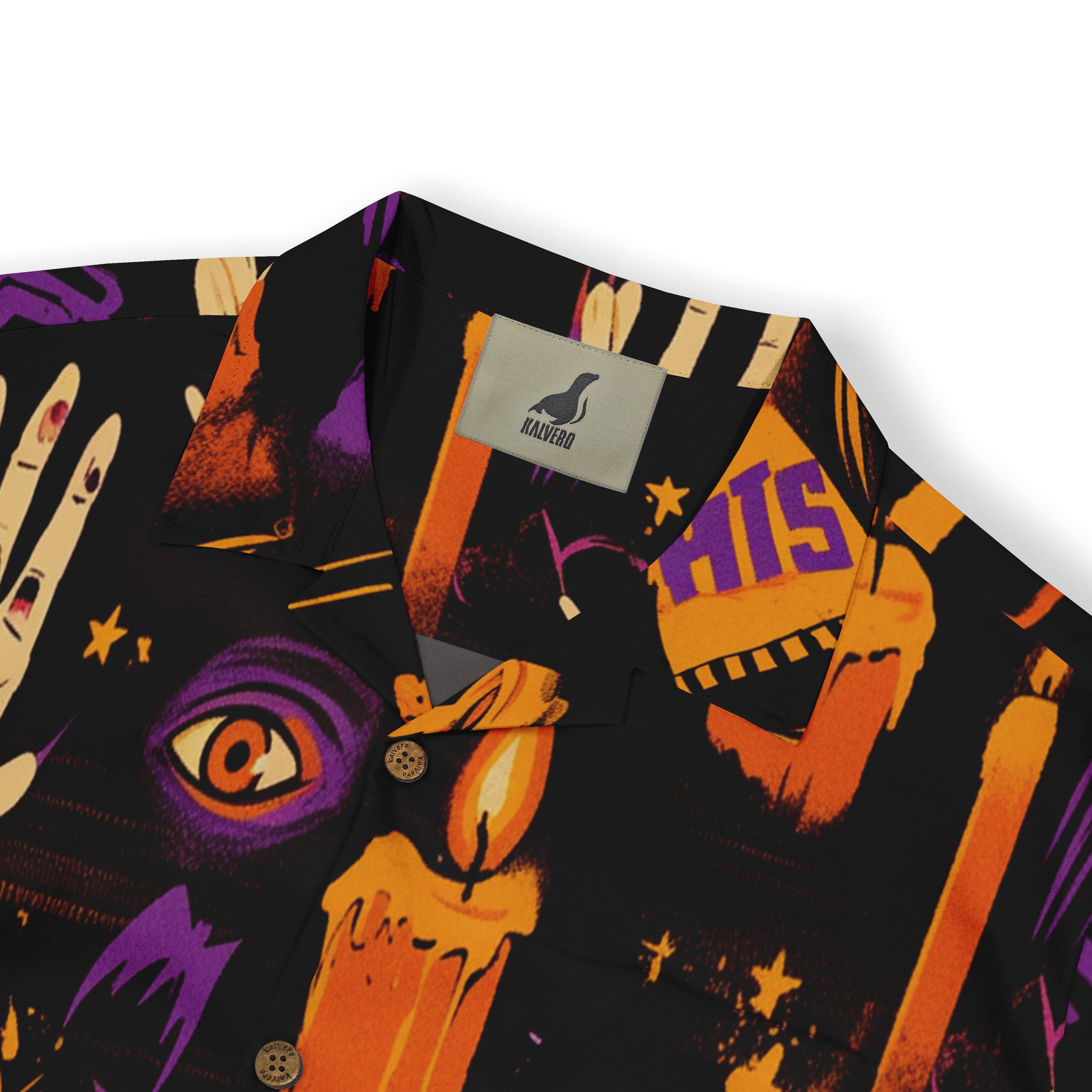 Black shirt with vibrant orange, purple patterns and logo.