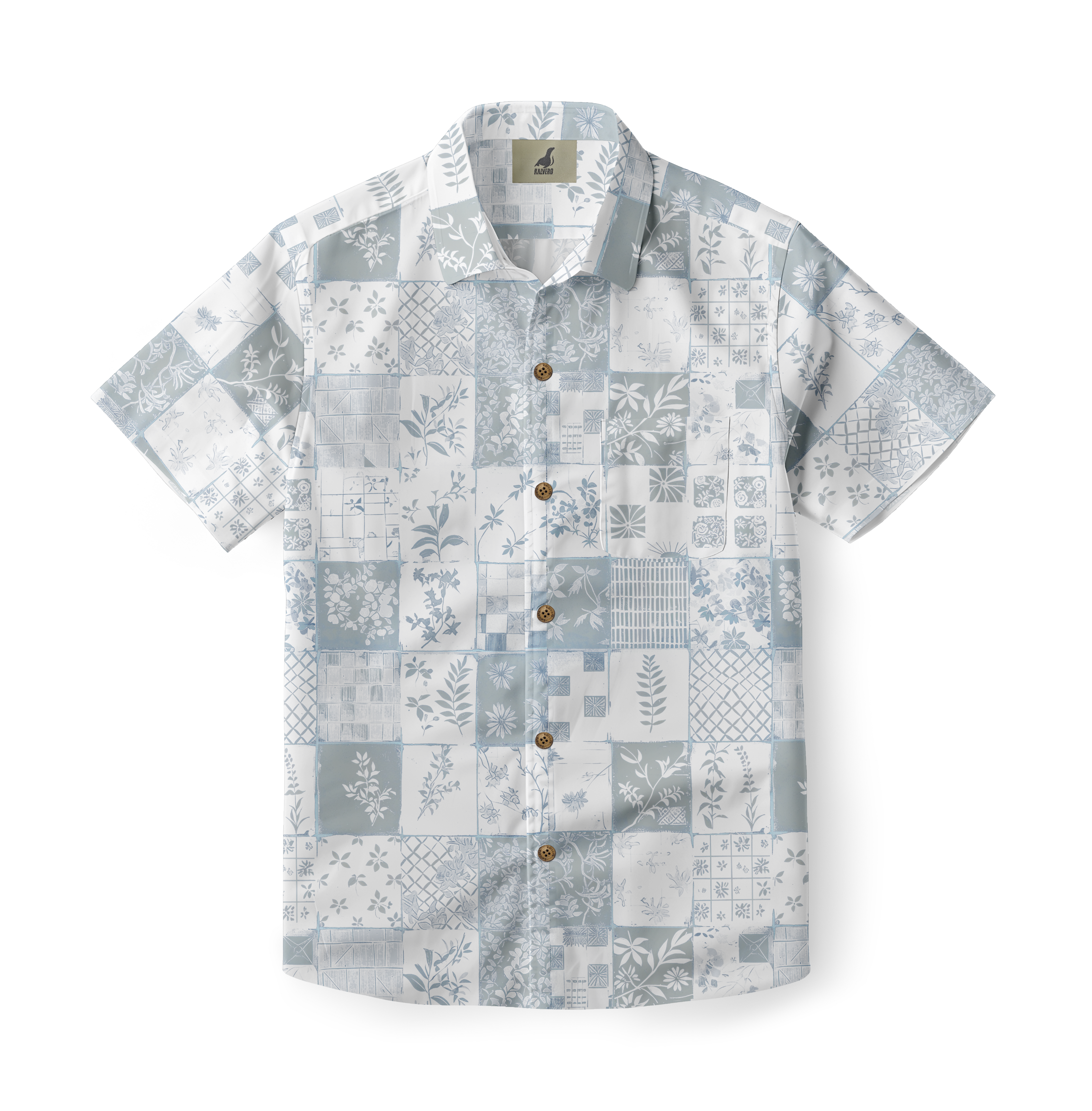 Light blue and white patterned short-sleeve shirt with floral.
