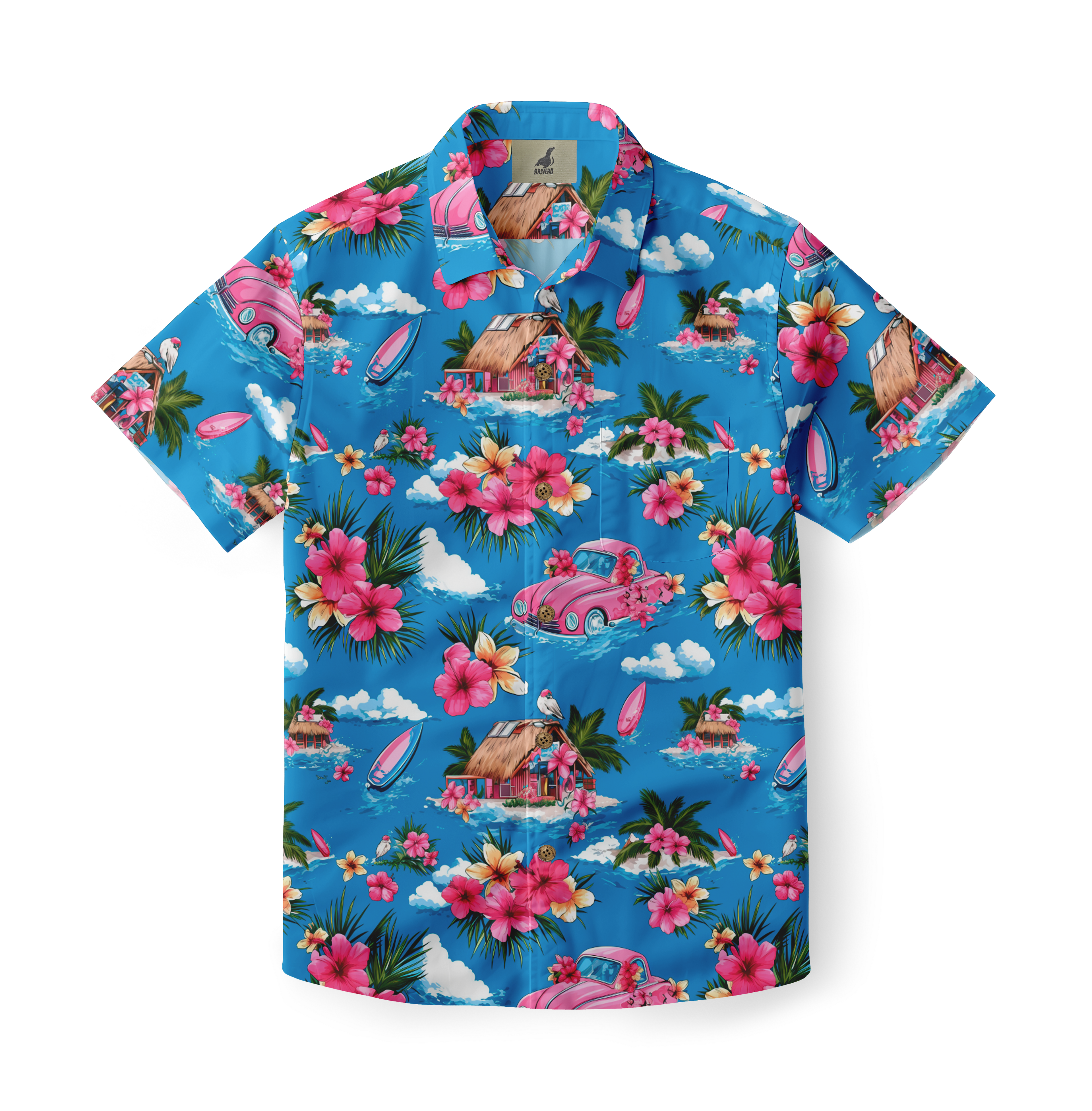 Vibrant blue Hawaiian shirt with pink flowers, palm trees, huts.