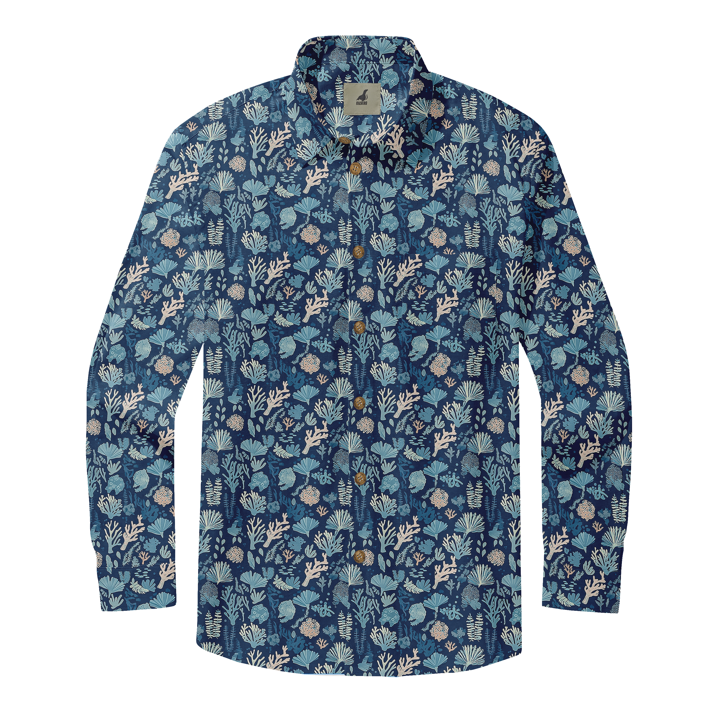 Blue shirt with coral and sea life print pattern.