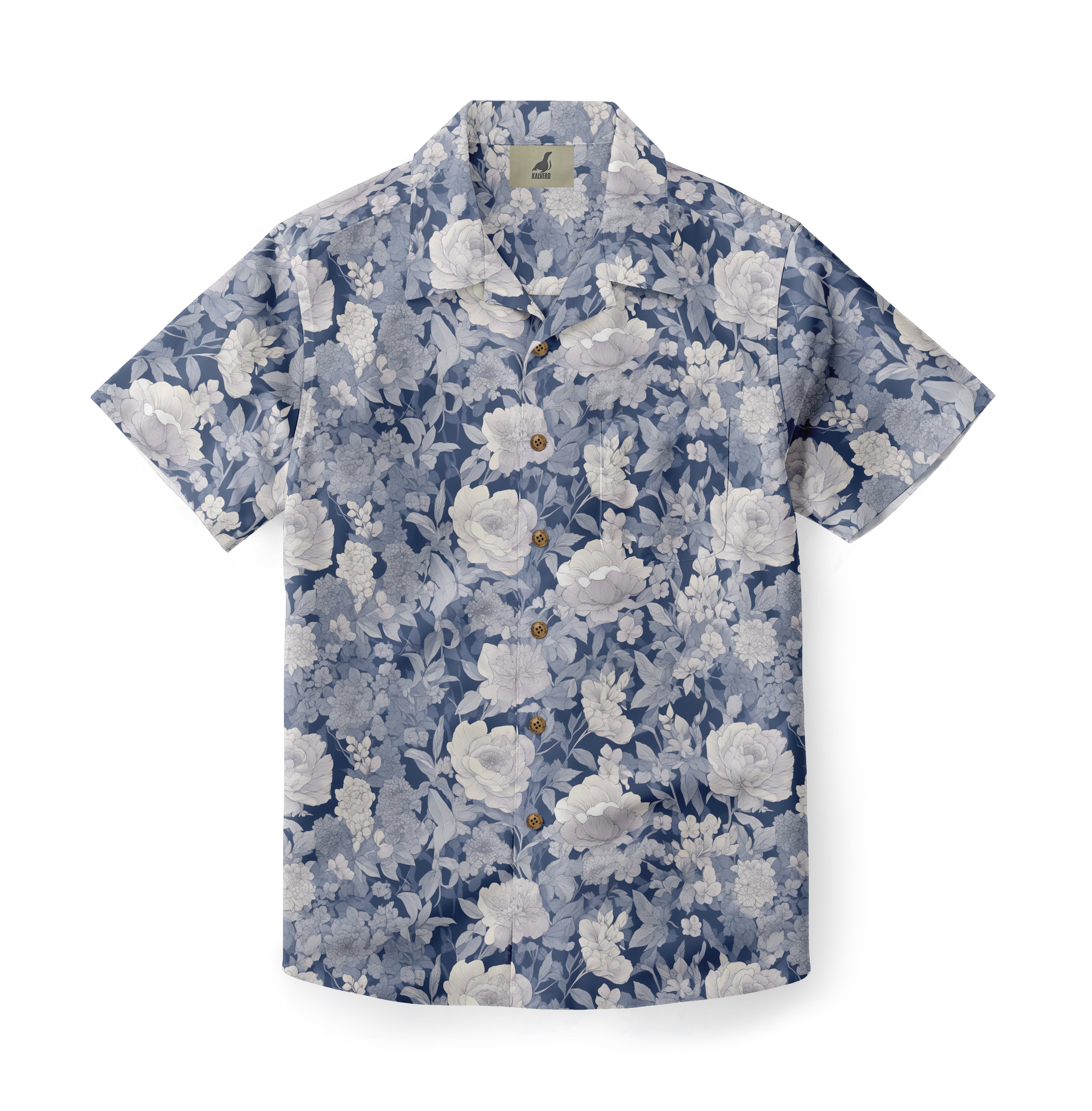 Blue floral short-sleeve shirt with white and gray flowers, wooden.