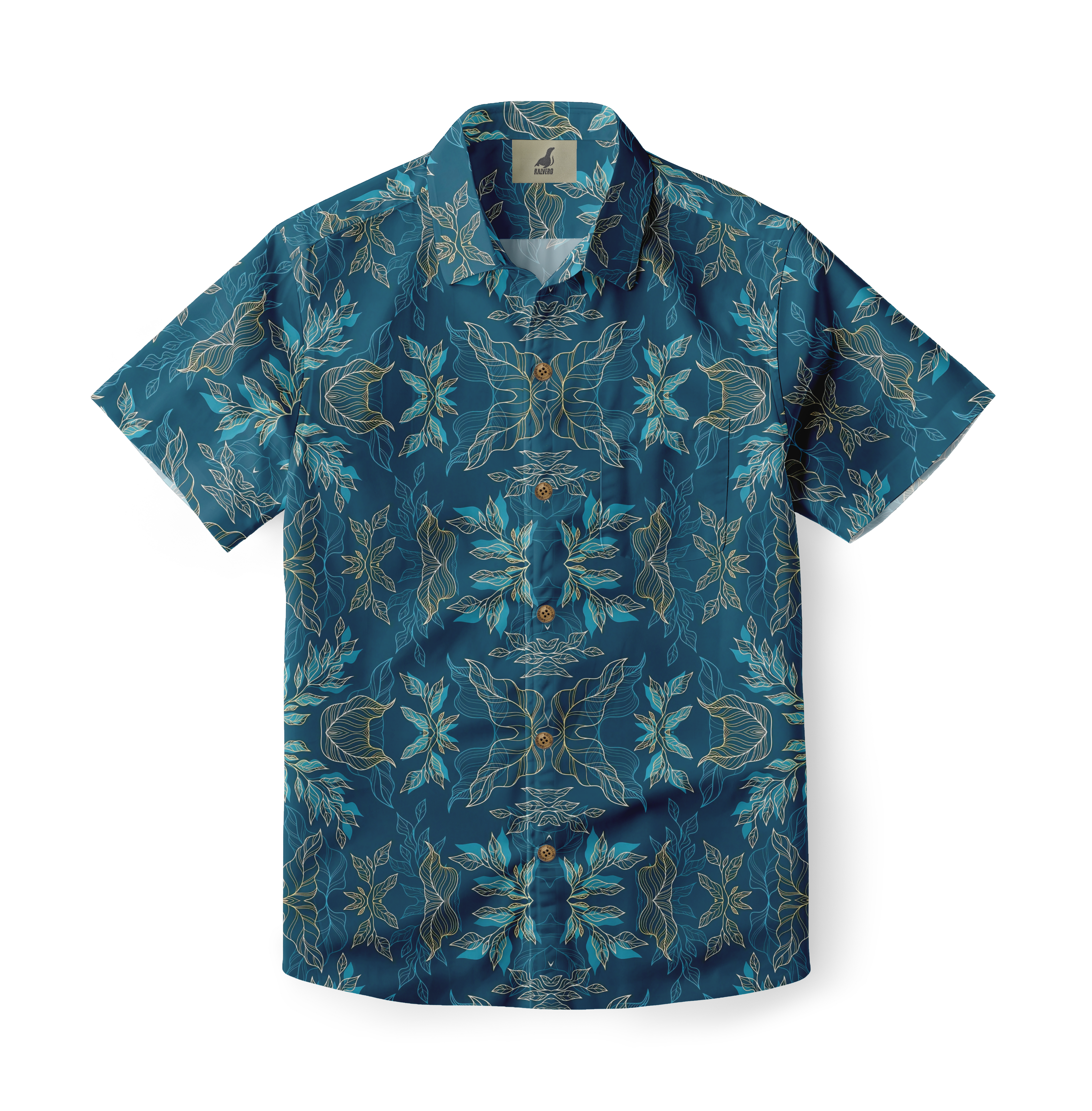 Blue short-sleeve shirt with gold and teal floral pattern.