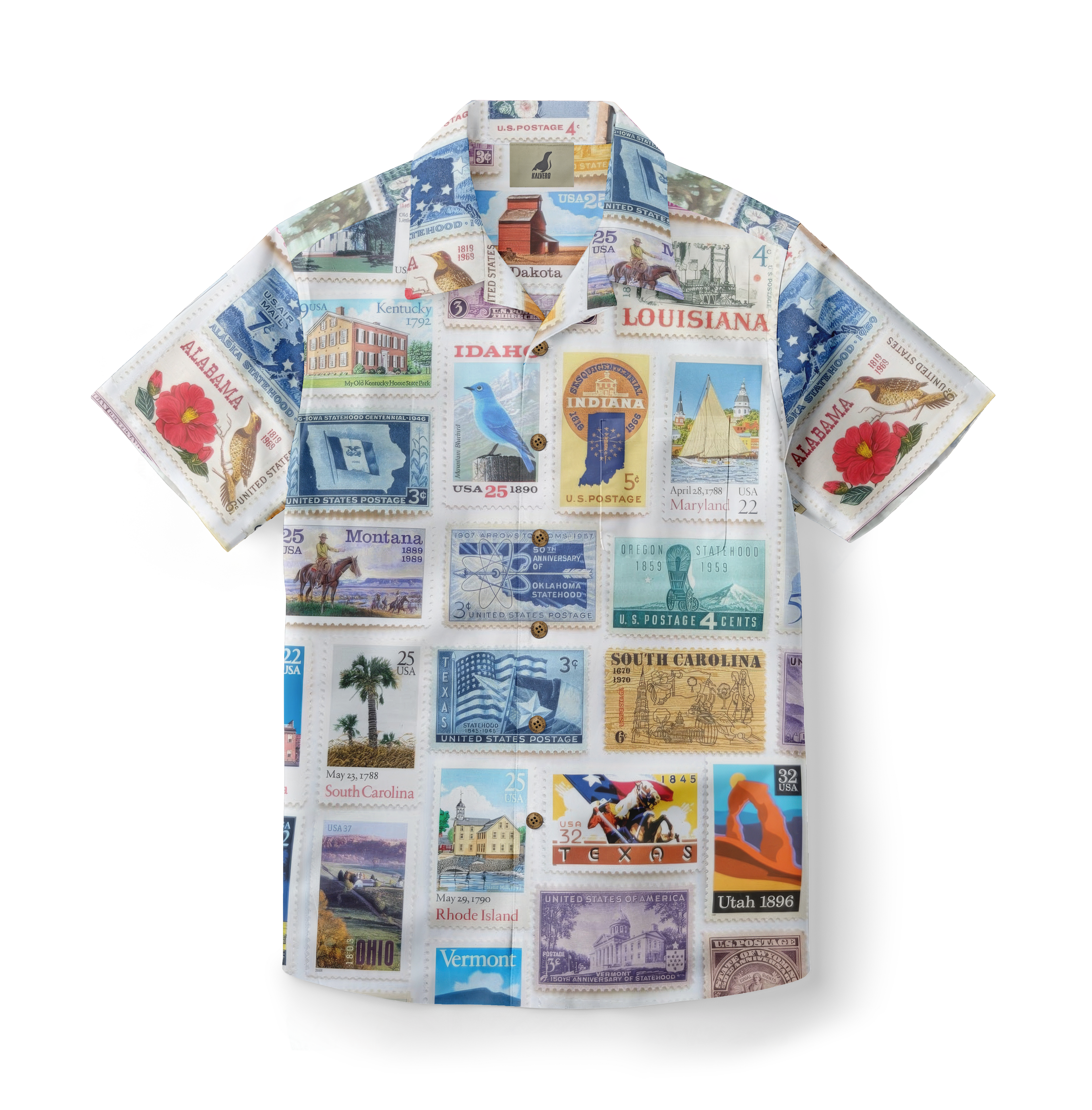 Shirt with colorful U.S. state postage stamp prints.