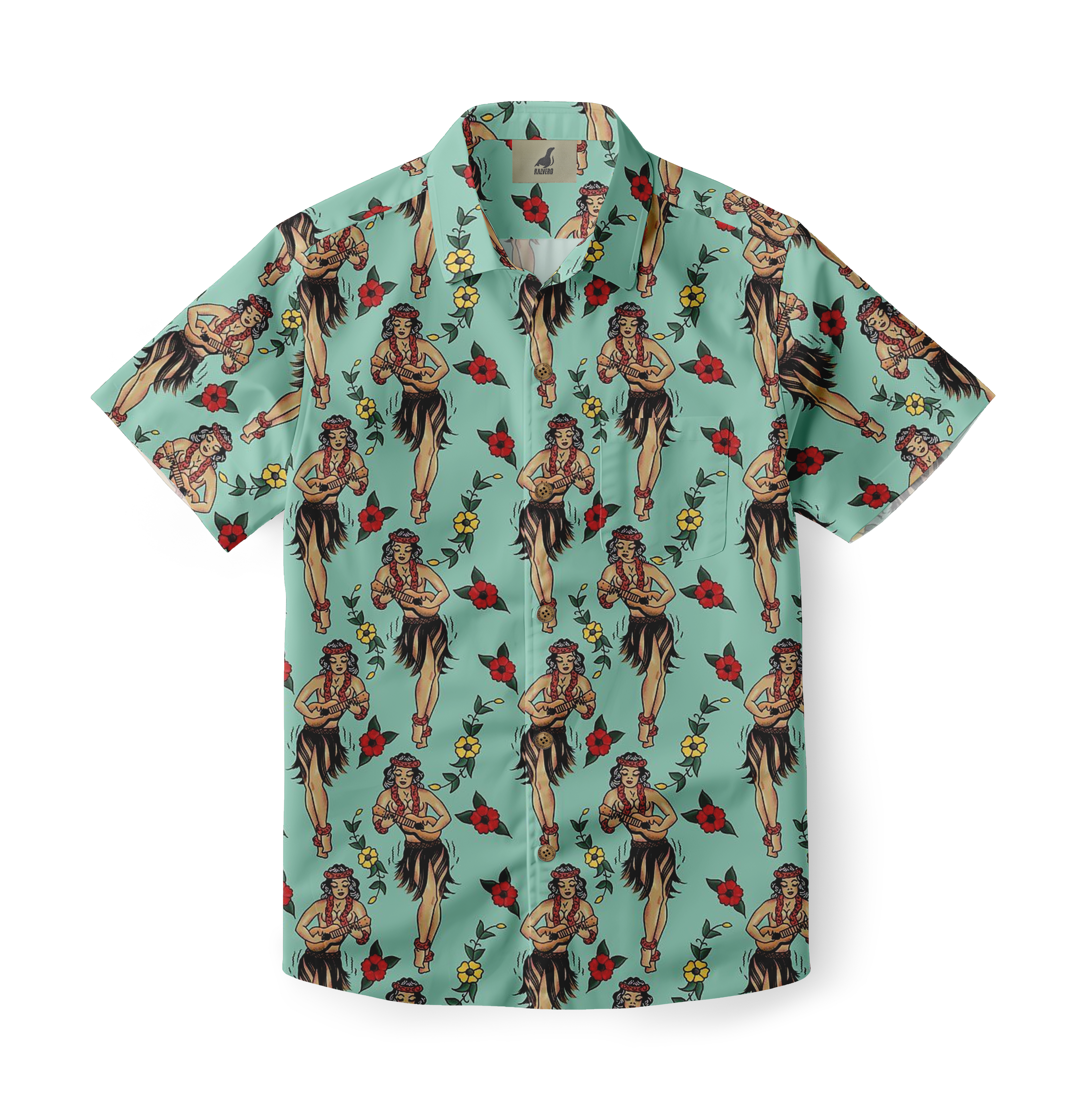 Green shirt with hula dancer and flower pattern.