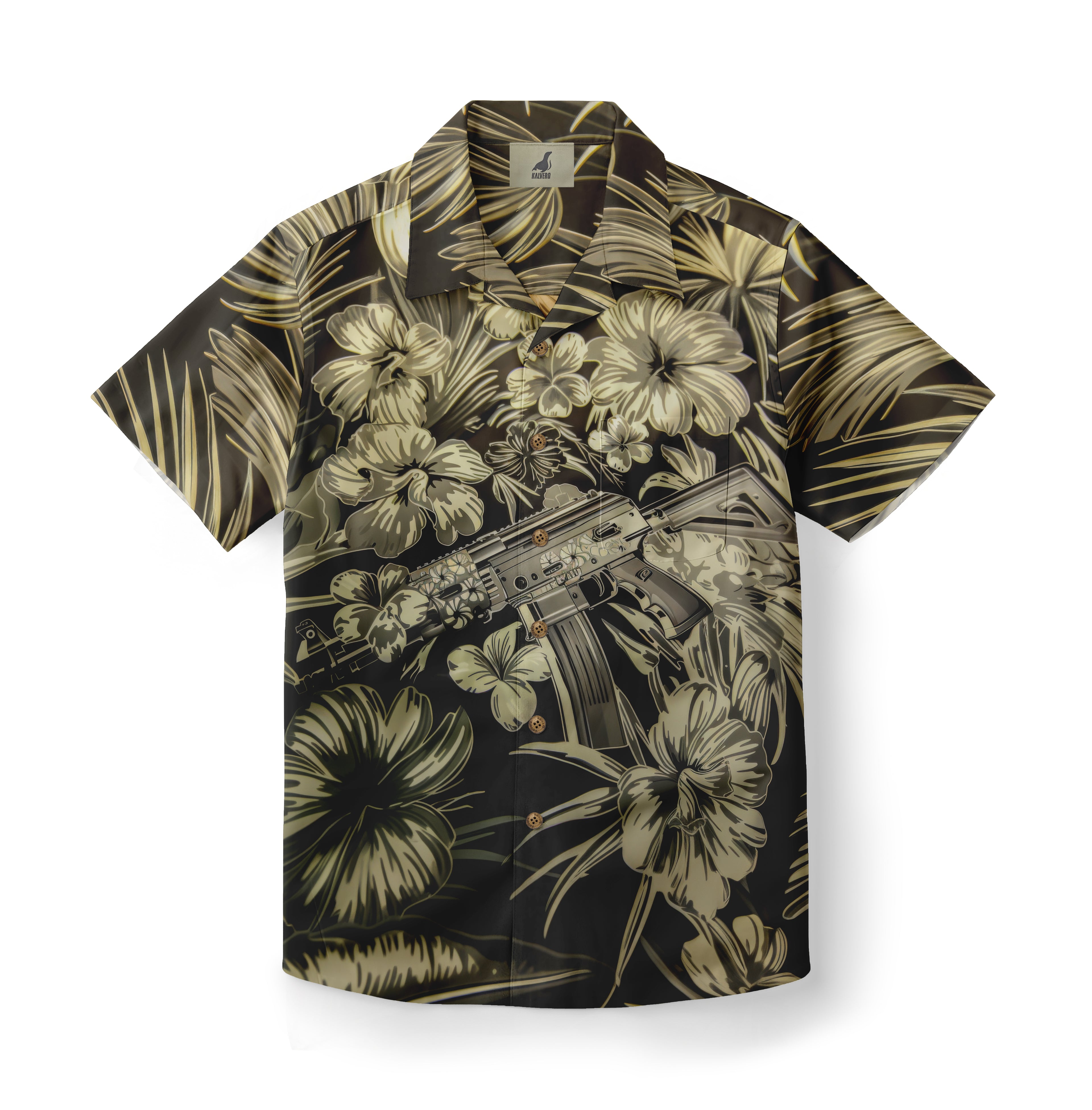 Black Hawaiian shirt with gold floral pattern and a rifle graphic.