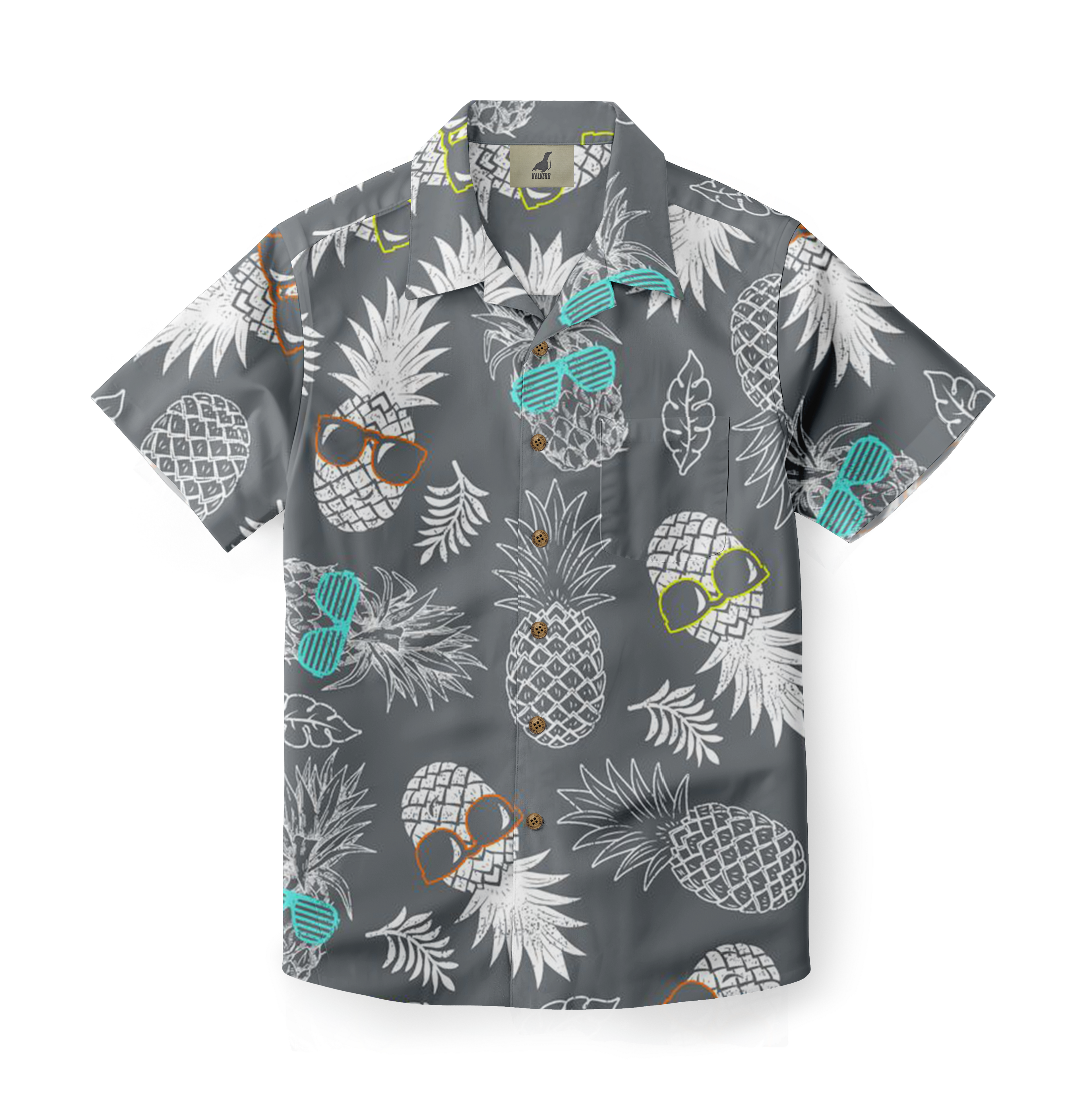 Gray short-sleeve shirt with pineapple and leaf pattern, featuring.