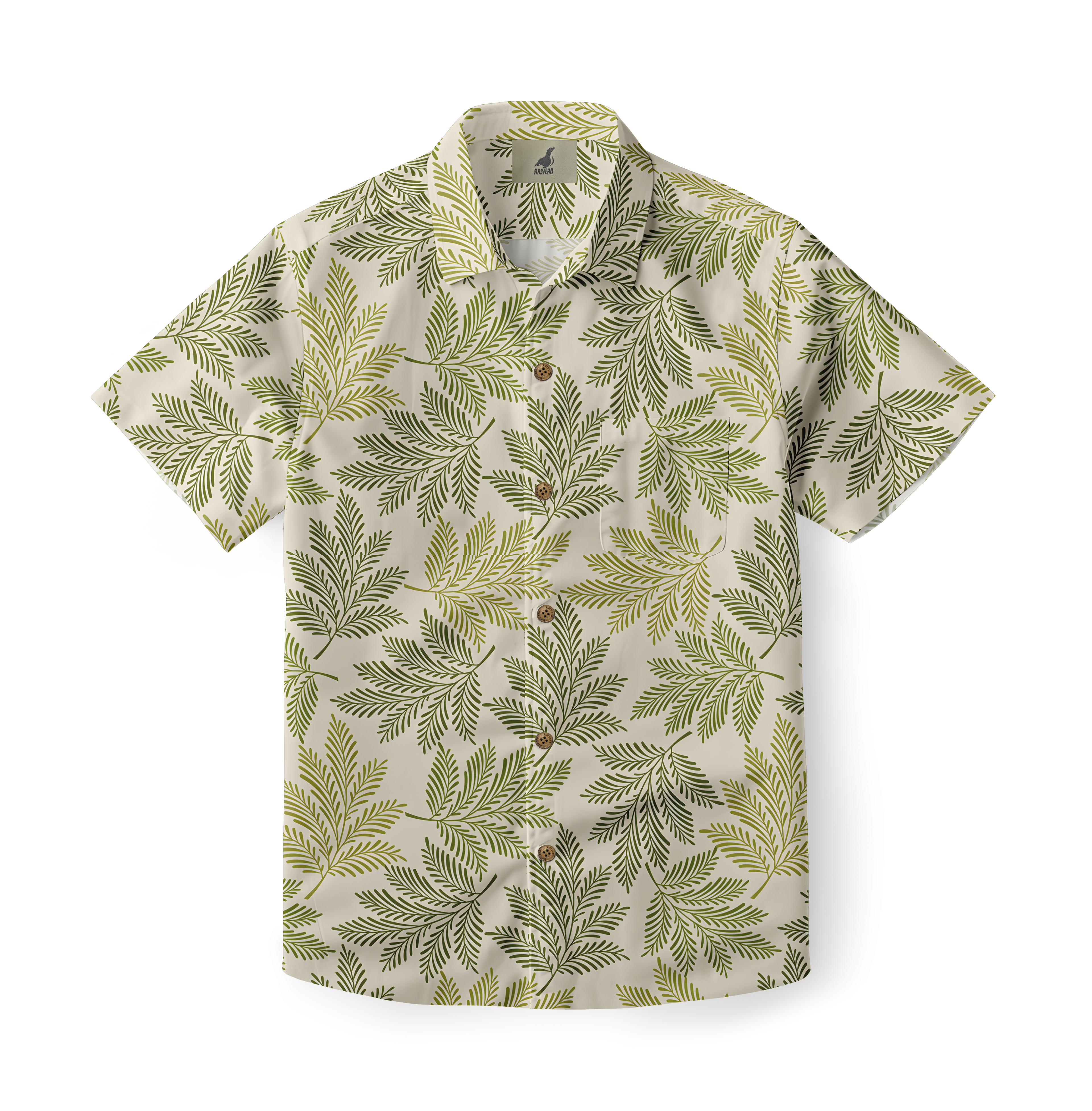 Beige short-sleeve shirt with green leaf pattern.