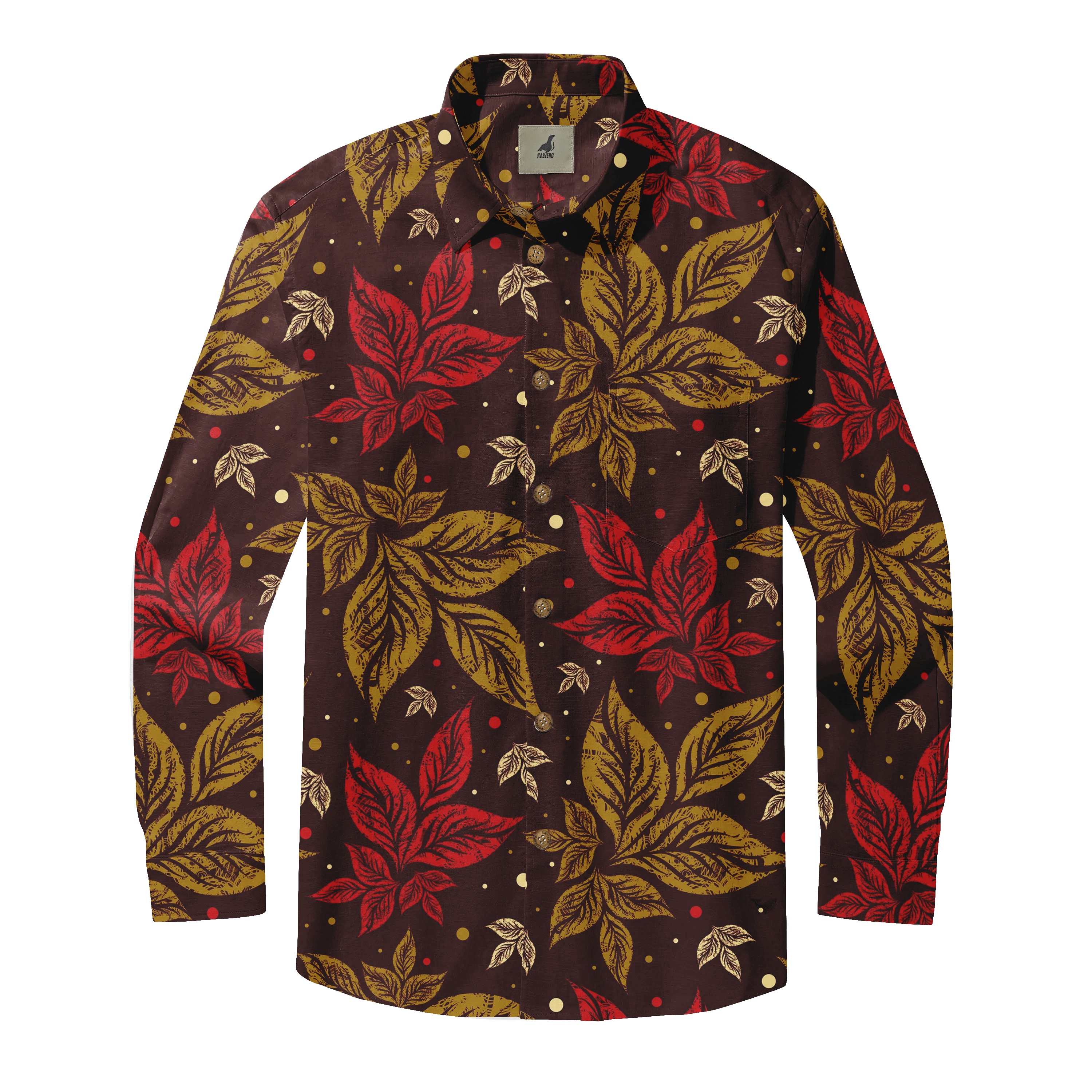 Dark brown shirt with red and gold leaf pattern, featuring a classic.