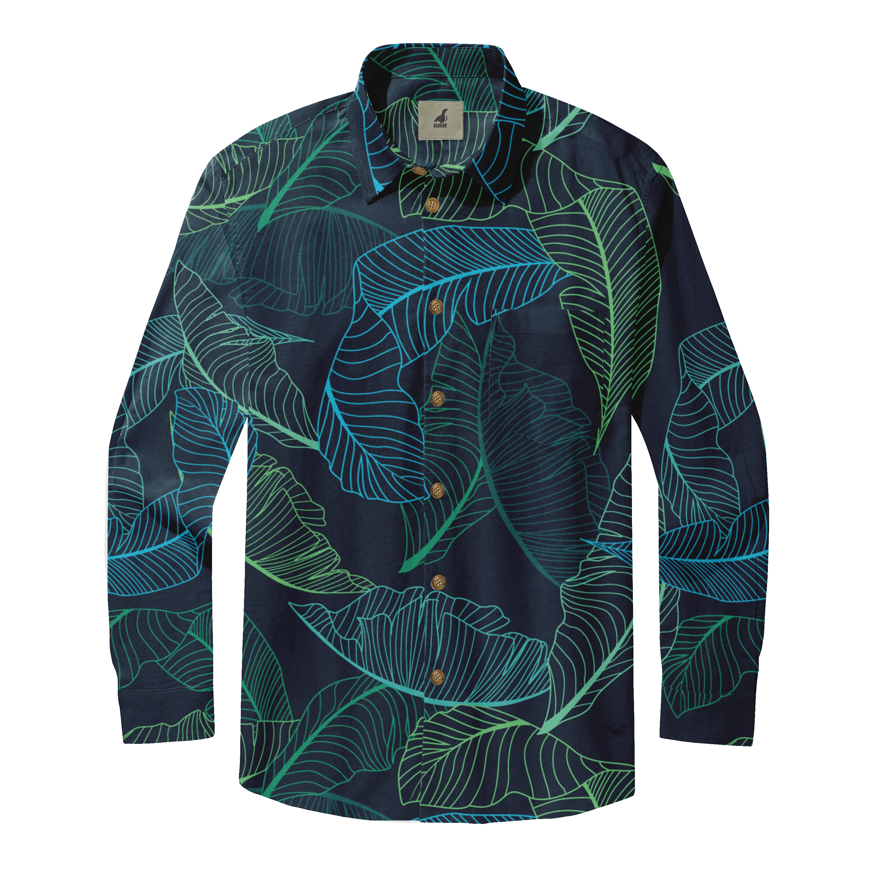 Dark blue shirt with vibrant green and teal leaf patterns, featuring.