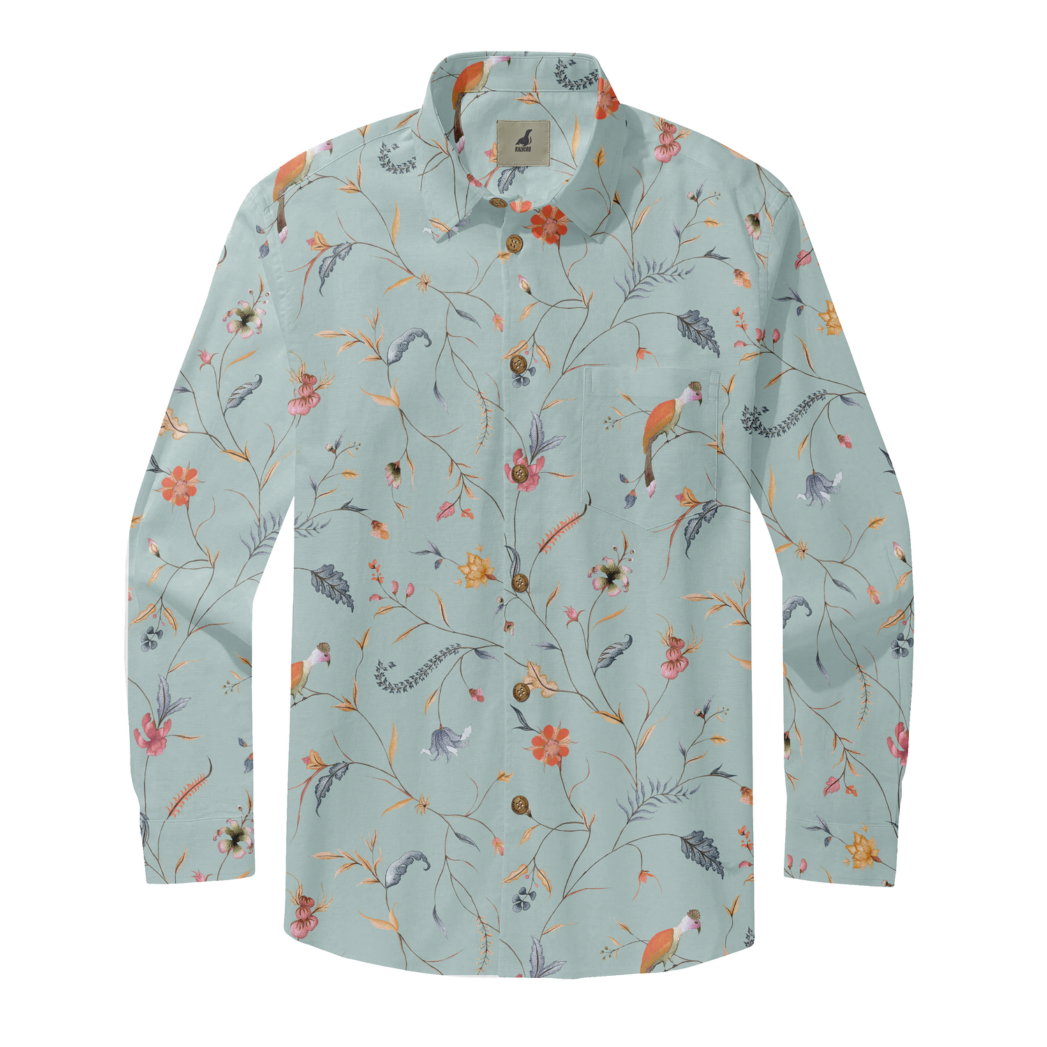 Light blue shirt with floral and bird pattern, featuring wooden.