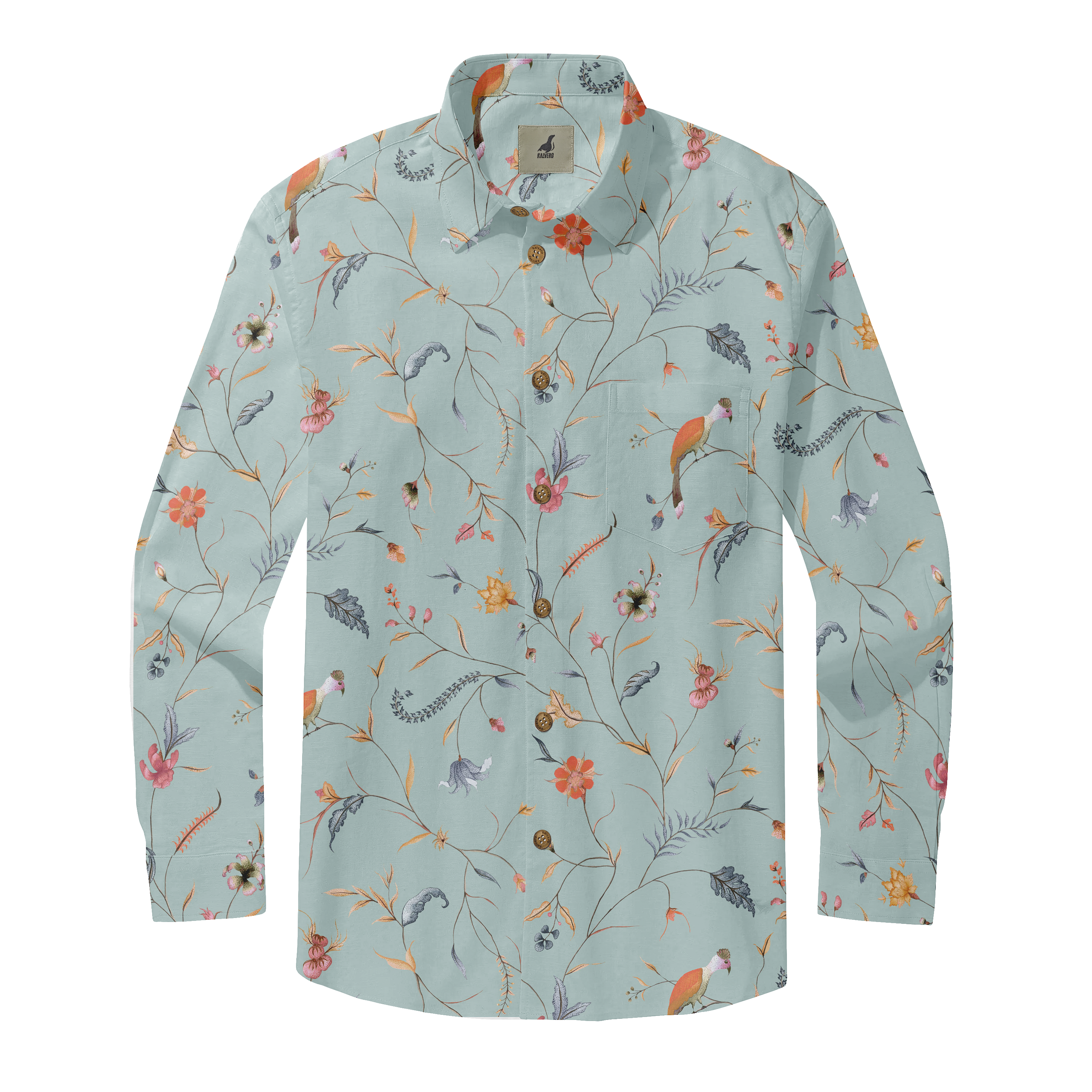 Light blue shirt with floral and bird pattern, featuring wooden.
